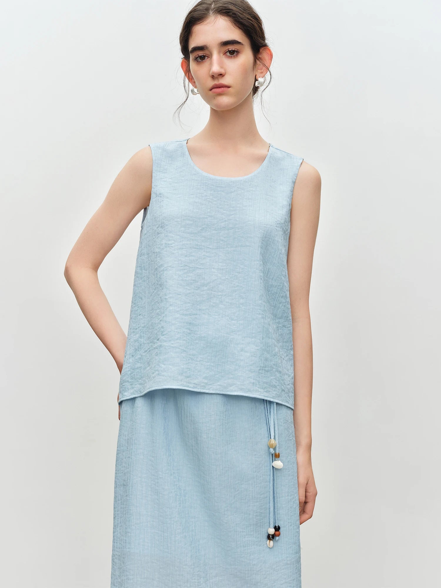 O-Neck Sleeveless Straight Office Two-Piece Set with Sash Detail