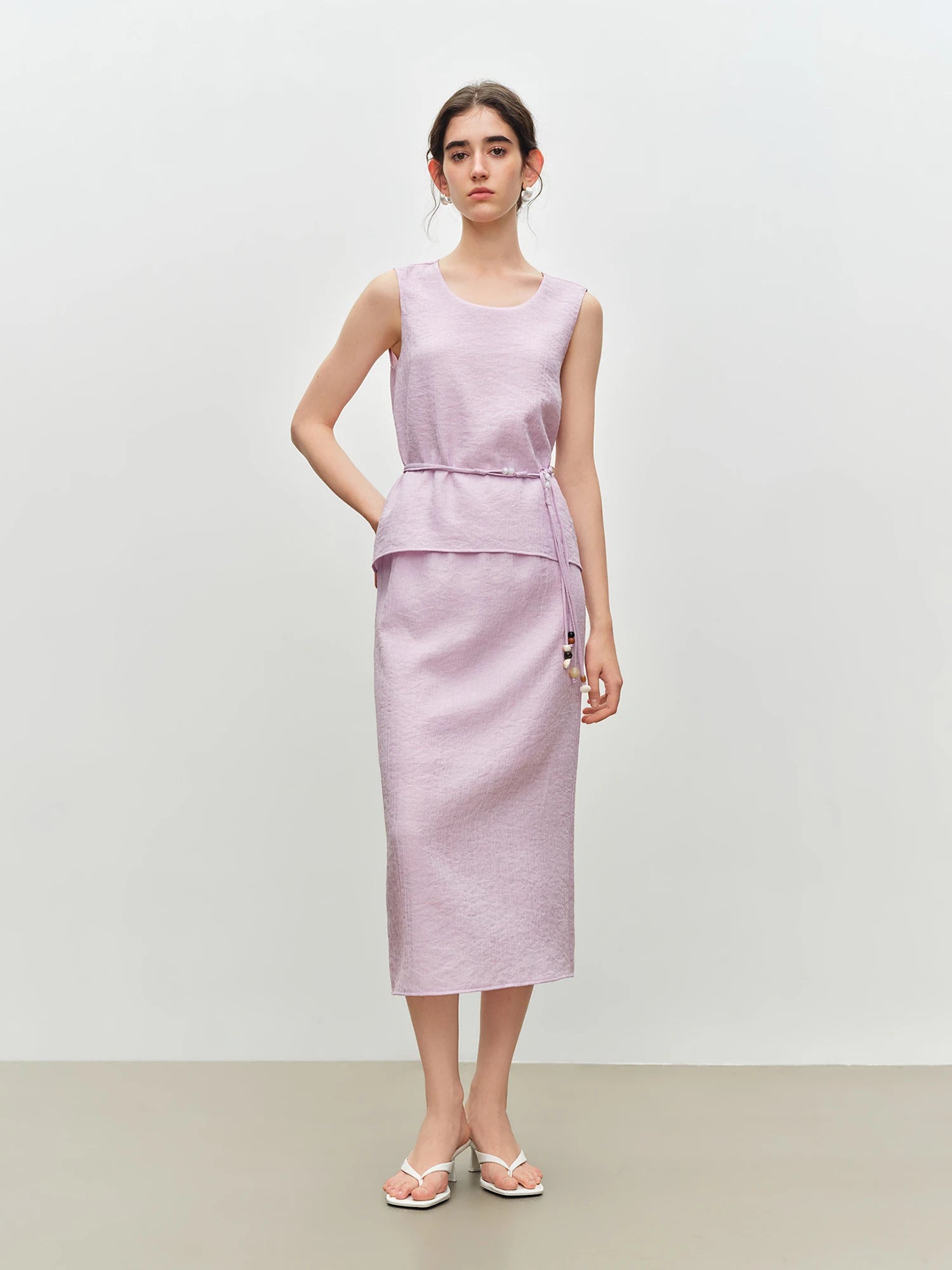 O-Neck Sleeveless Straight Office Two-Piece Set with Sash Detail