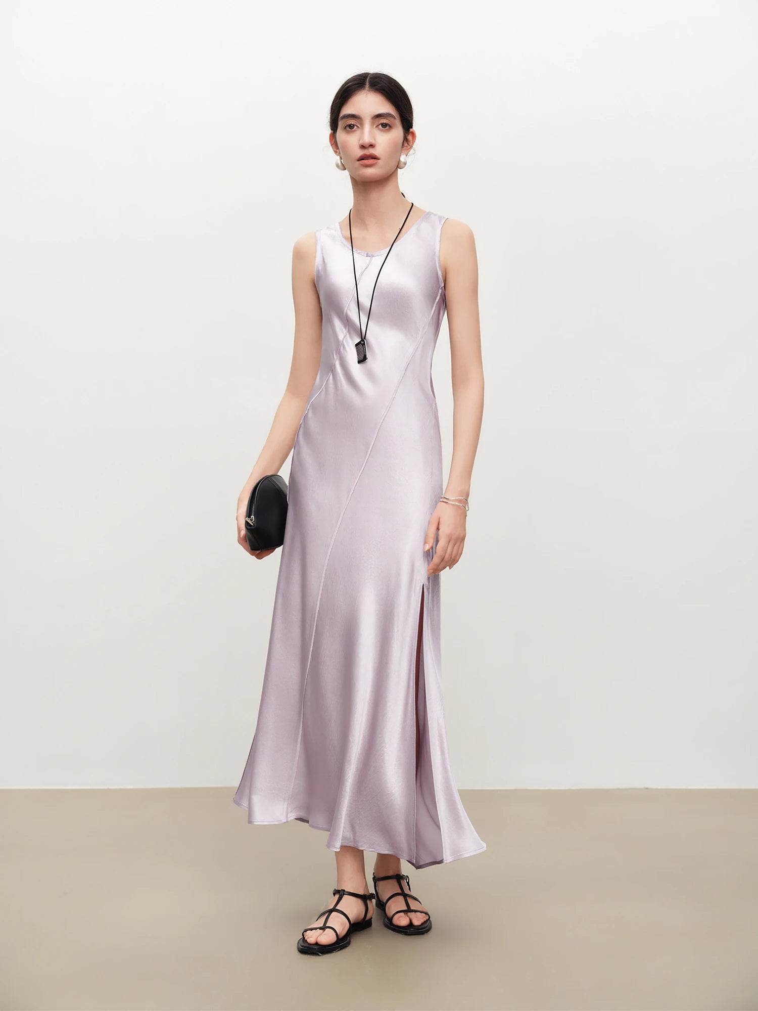 Elegant Slim Fit Acetate Midi Dress – Sleek Minimalist Evening Look