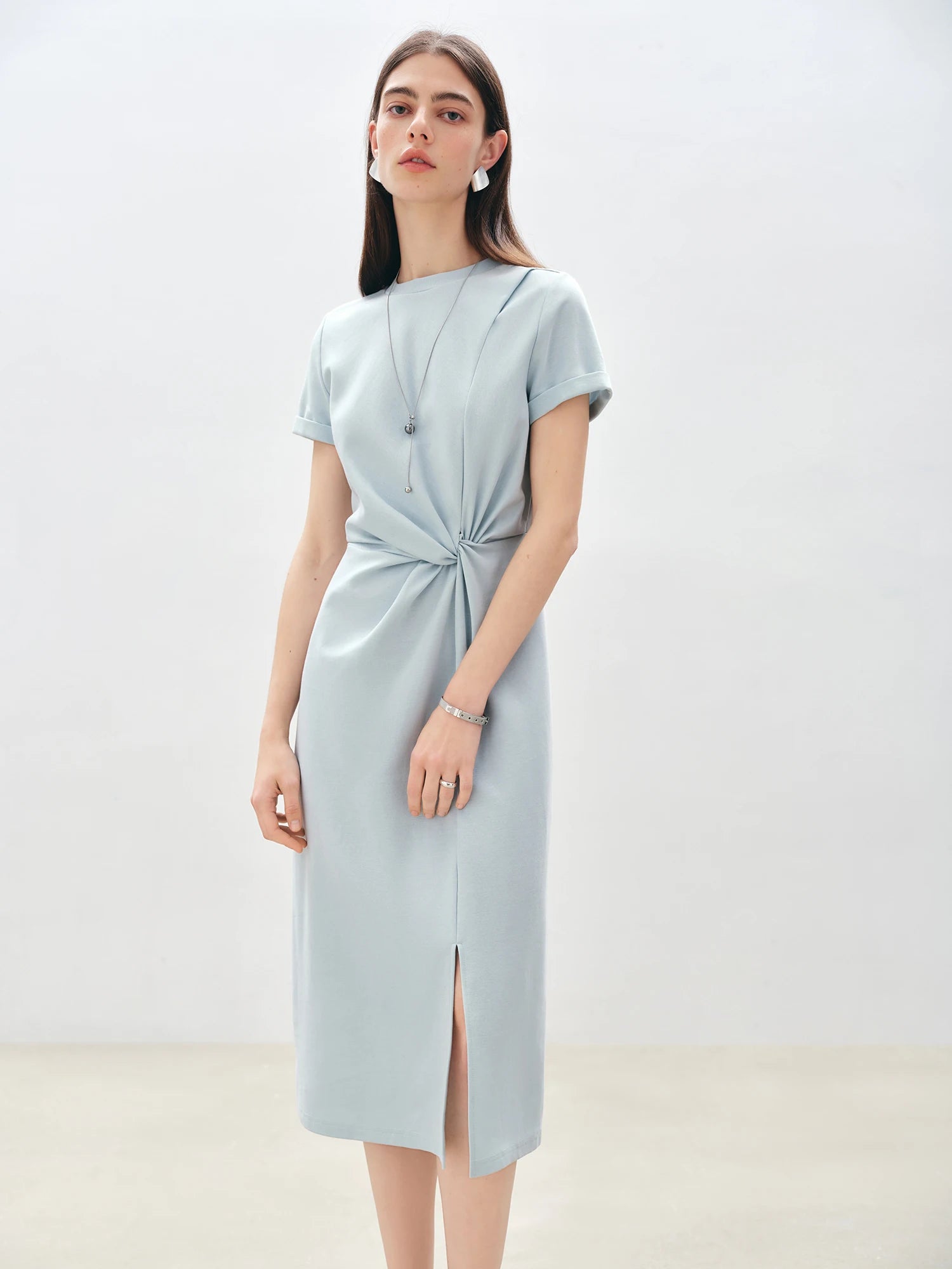 Asymmetric O-Neck Fit and Flare Jersey Mid-Calf Office Dress
