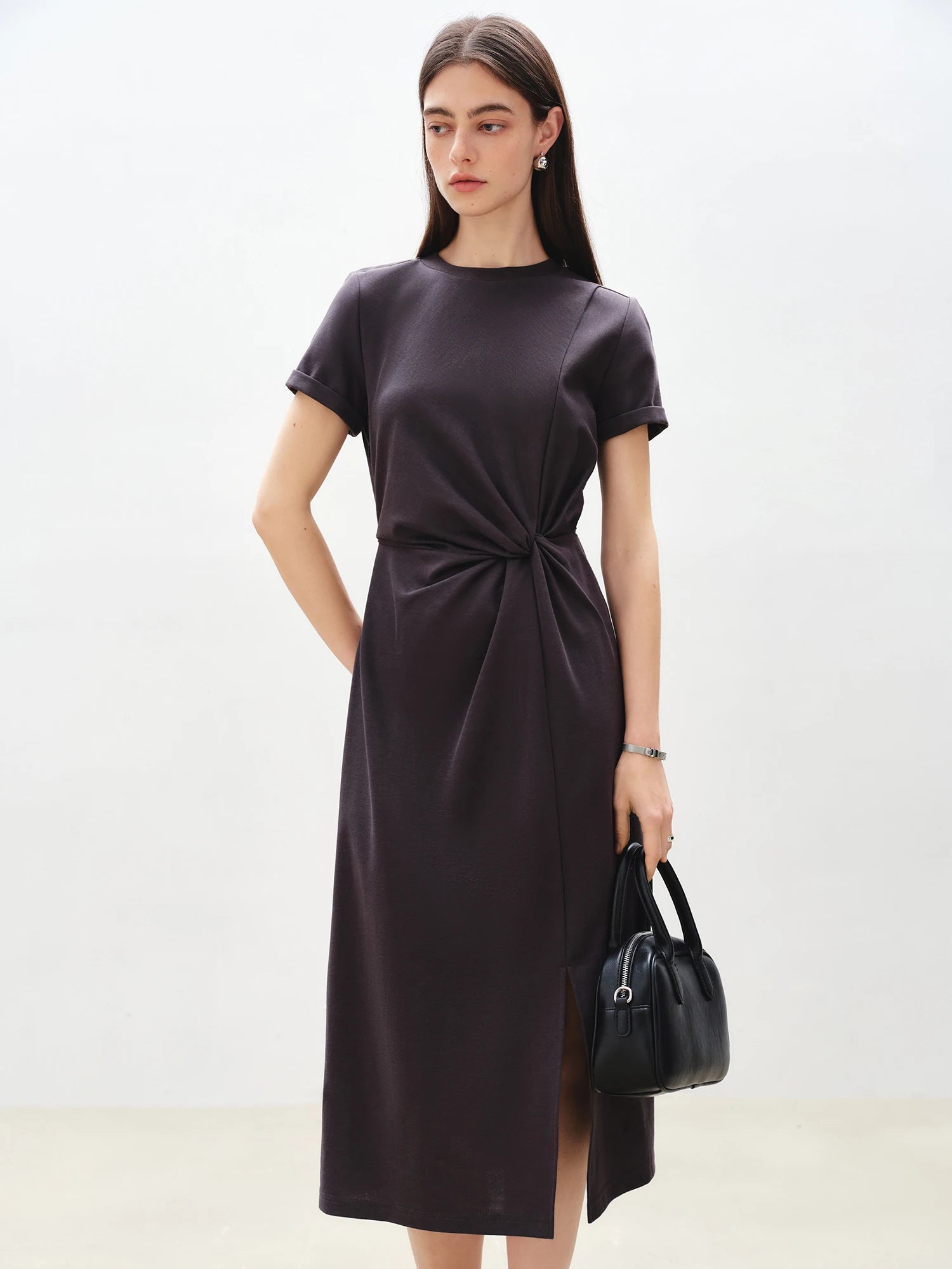 Asymmetric O-Neck Fit and Flare Jersey Mid-Calf Office Dress