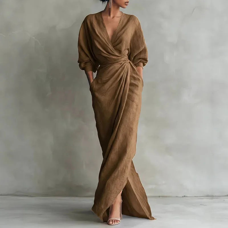 Elegant V-Neck Ankle-Length Straight Maxi Dress