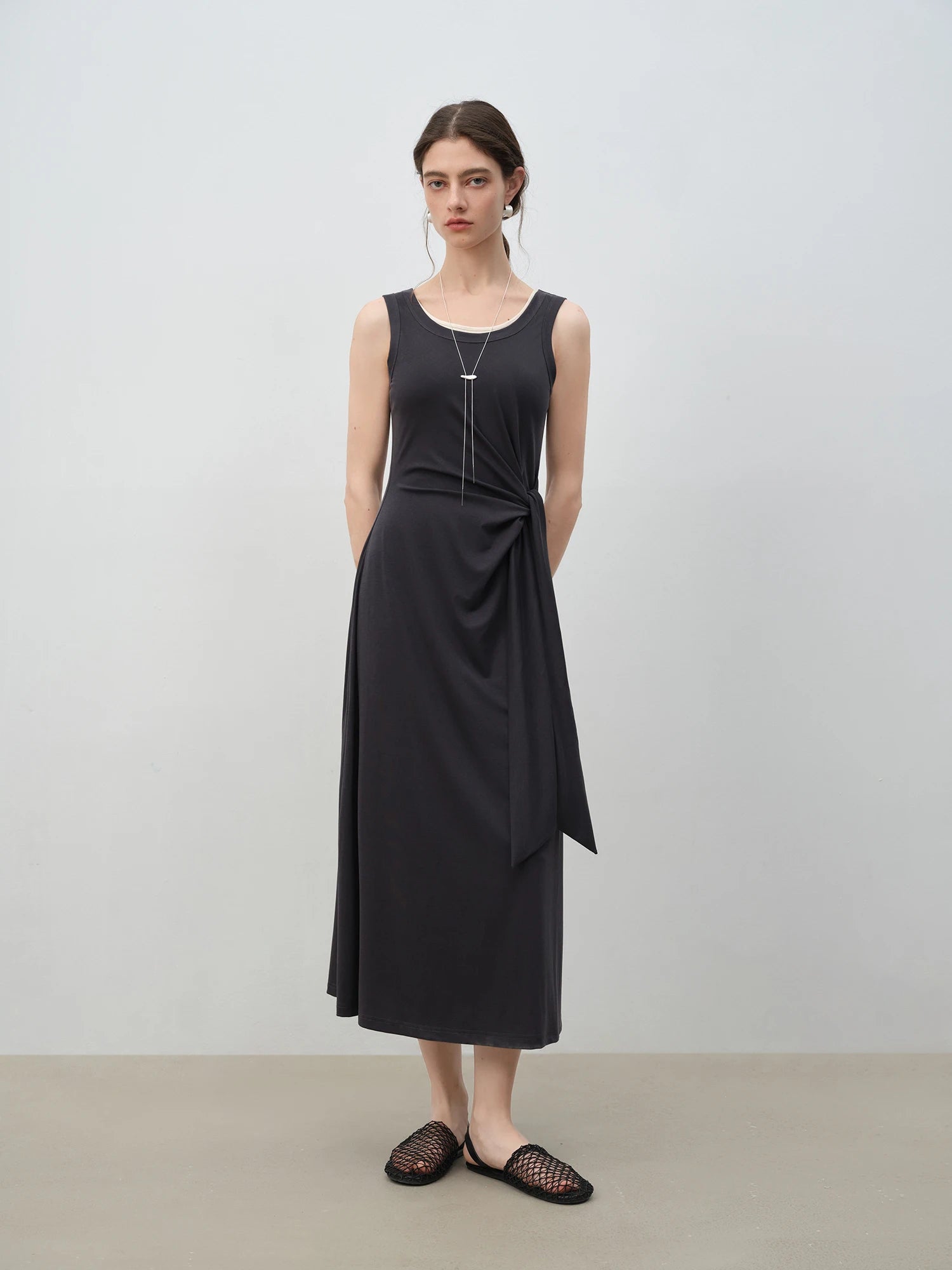 High-Stretch Lyocell Sleeveless A-Line Ankle-Length Dress