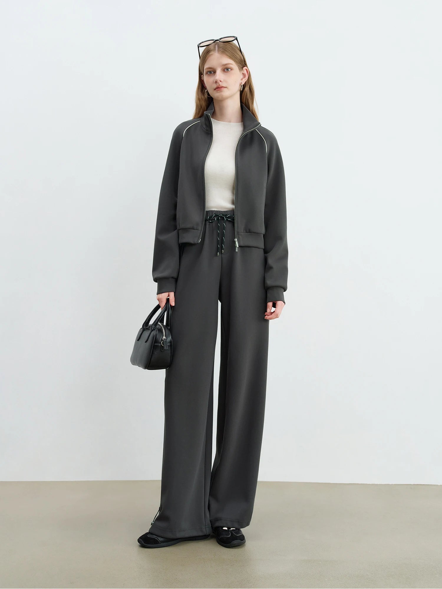 Stand Collar Zip-Up Casual Two-Piece Set with High Waist Pants