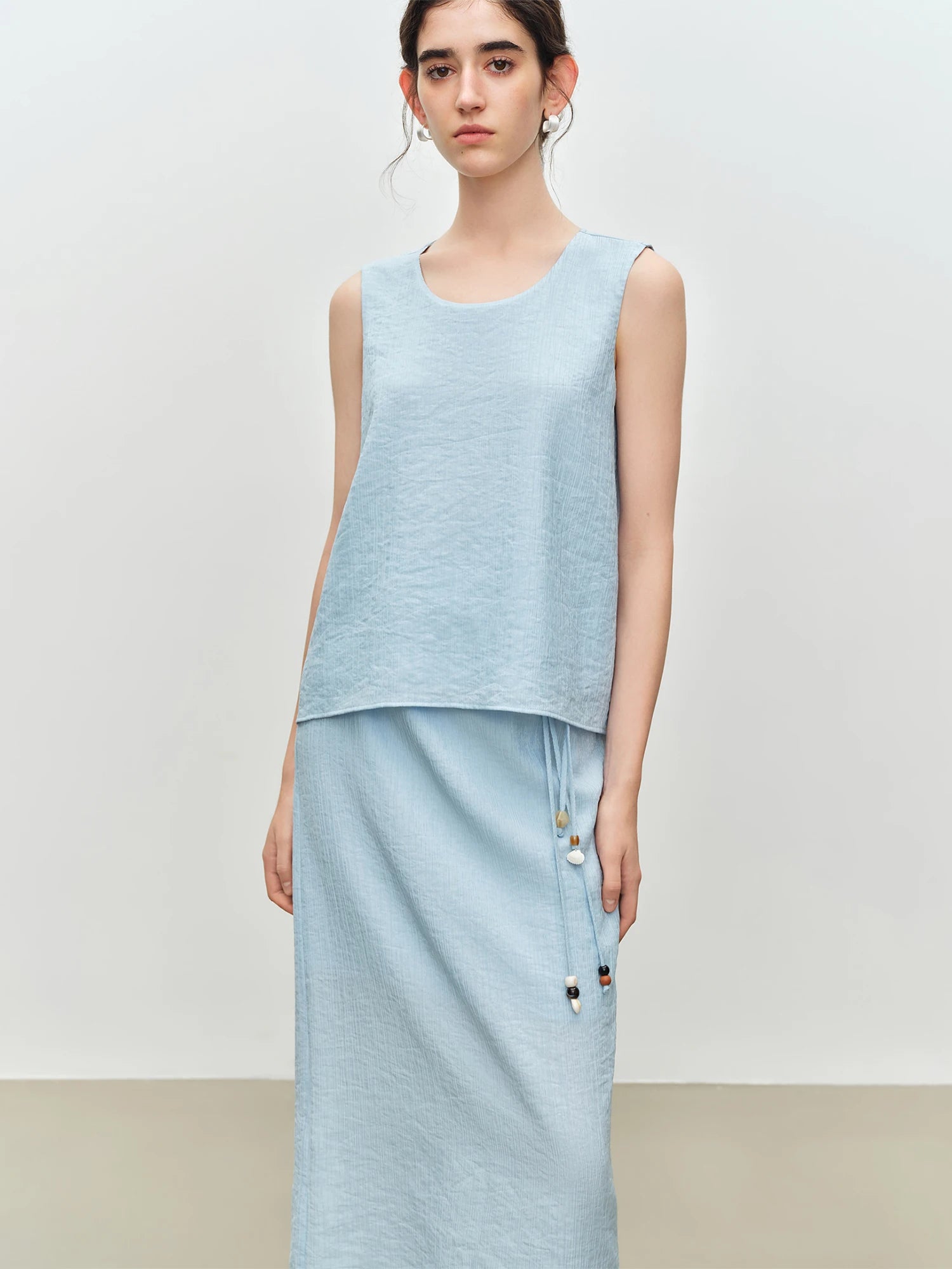 O-Neck Sleeveless Straight Office Two-Piece Set with Sash Detail