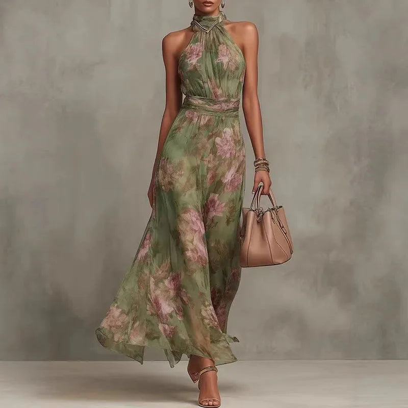 Elegant Floral Halter Maxi Dress for Women