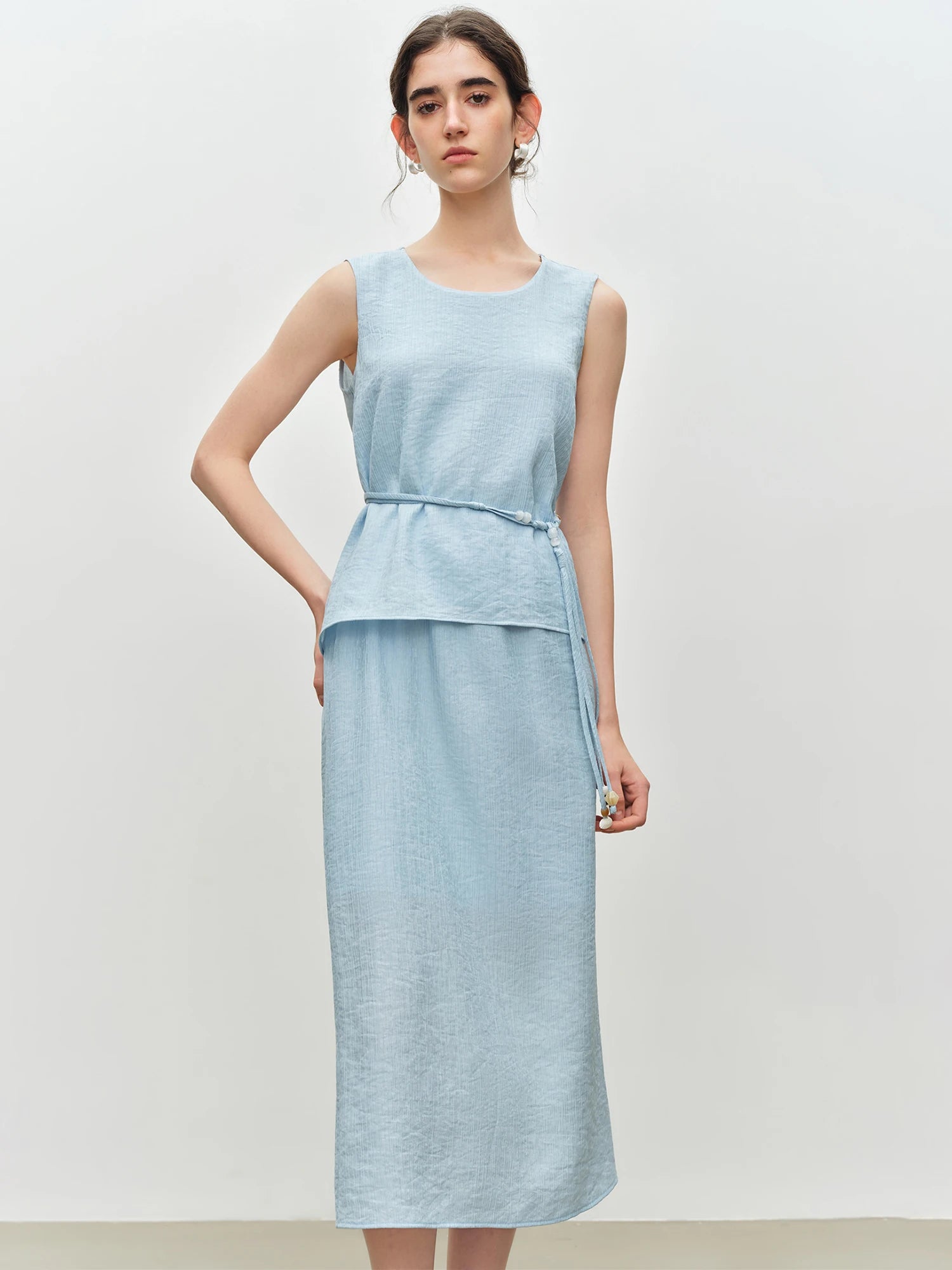 O-Neck Sleeveless Straight Office Two-Piece Set with Sash Detail