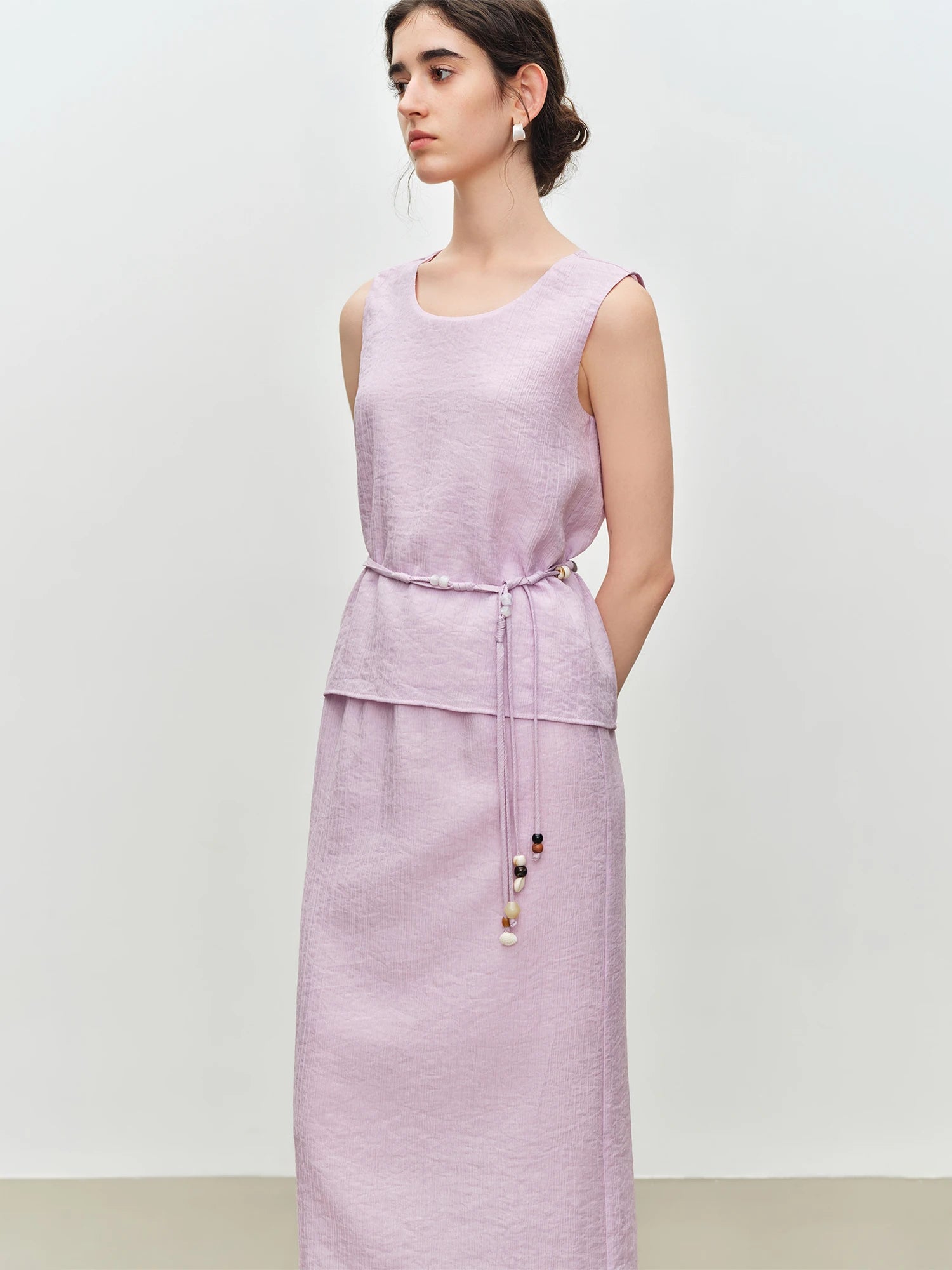 O-Neck Sleeveless Straight Office Two-Piece Set with Sash Detail