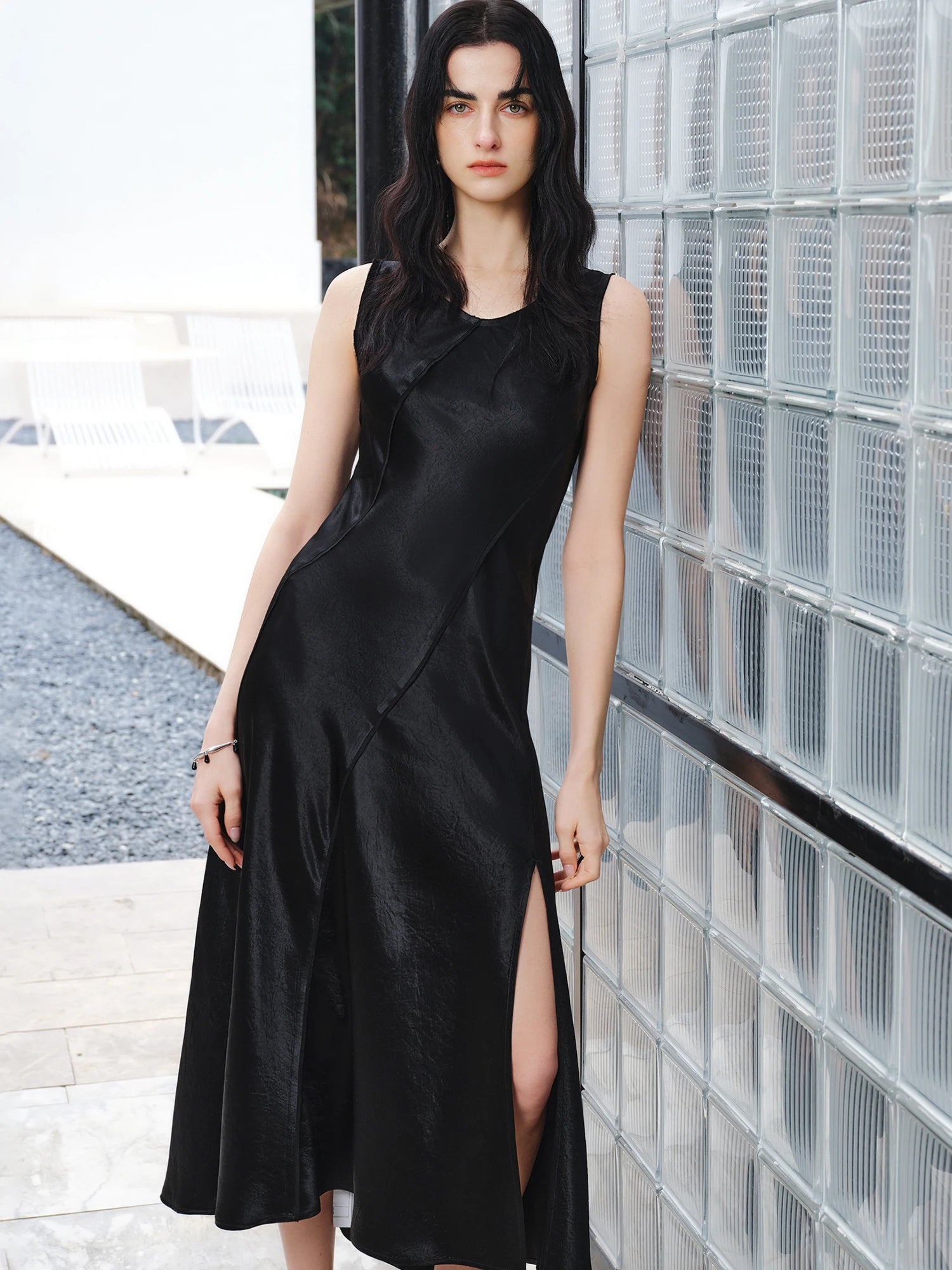 Elegant Slim Fit Acetate Midi Dress – Sleek Minimalist Evening Look