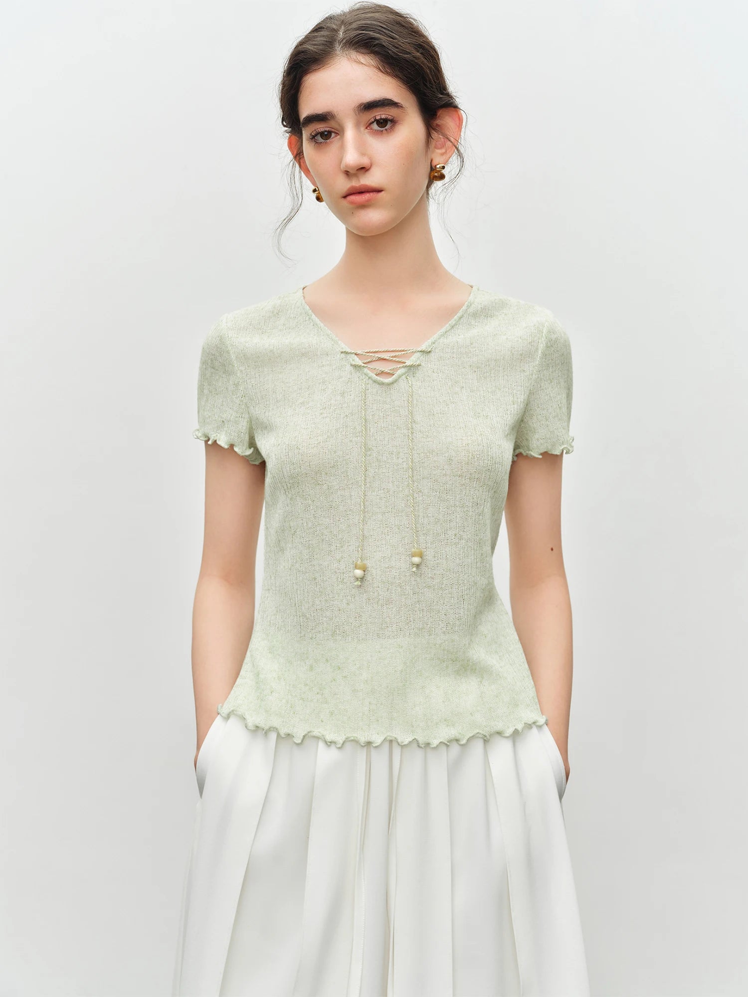 Beaded V-Neck Short Sleeve Casual Top