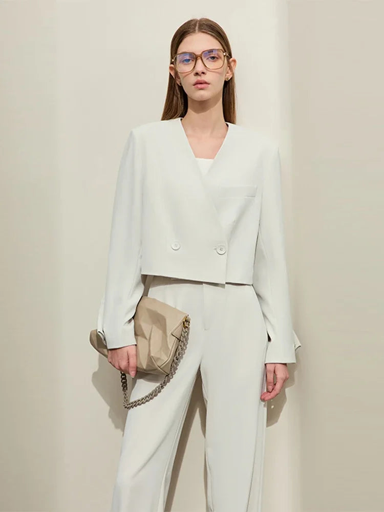 Loose Fit V-Neck Blazer and Wide Leg Pant Set