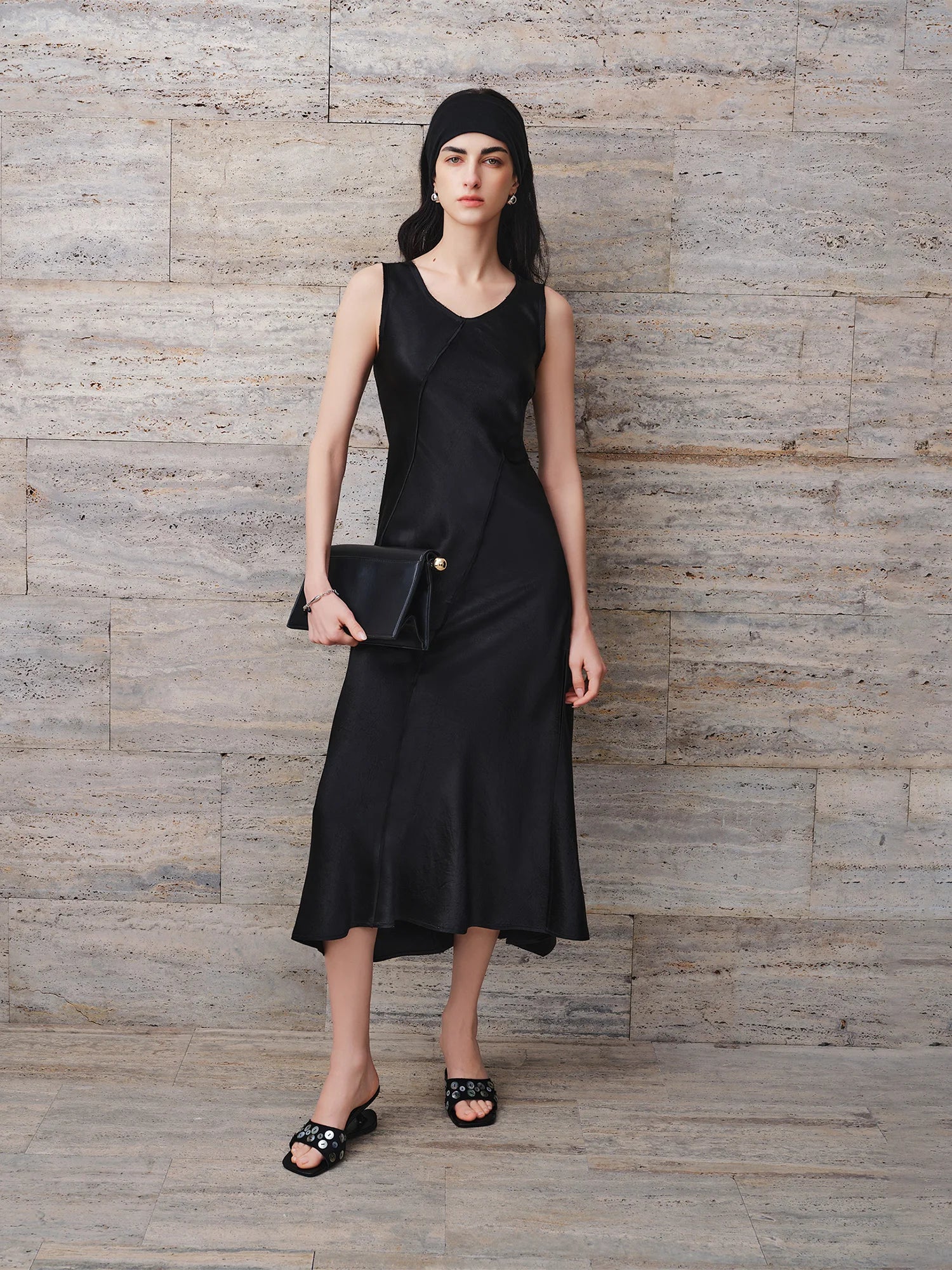 Elegant Slim Fit Acetate Midi Dress – Sleek Minimalist Evening Look