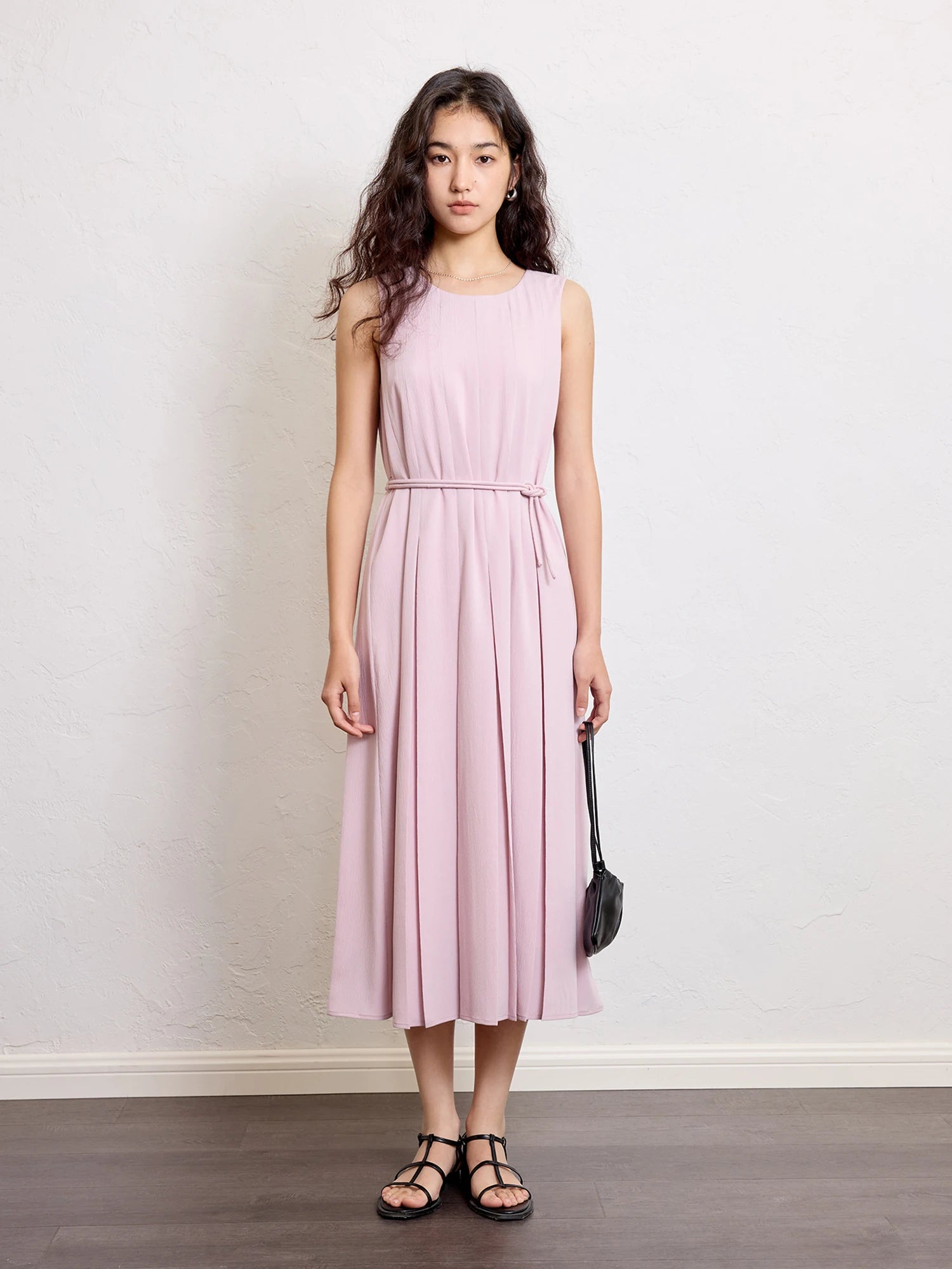 O-Neck Fit and Flare Mid-Calf Office Lady Dress with Sash Detail