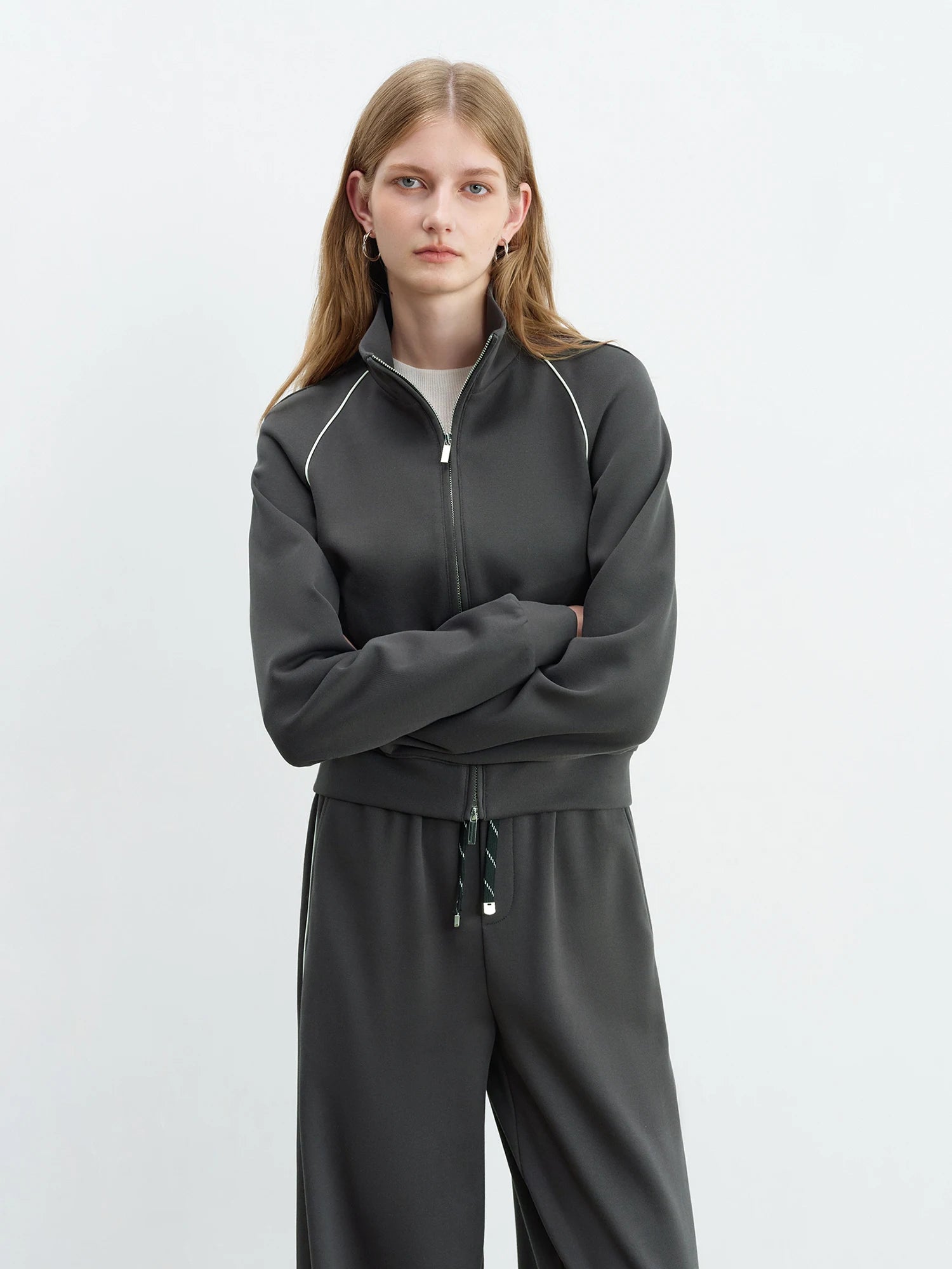 Stand Collar Zip-Up Casual Two-Piece Set with High Waist Pants