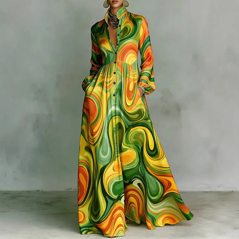 Elegant Printed Ankle-Length A-Line Maxi Dress
