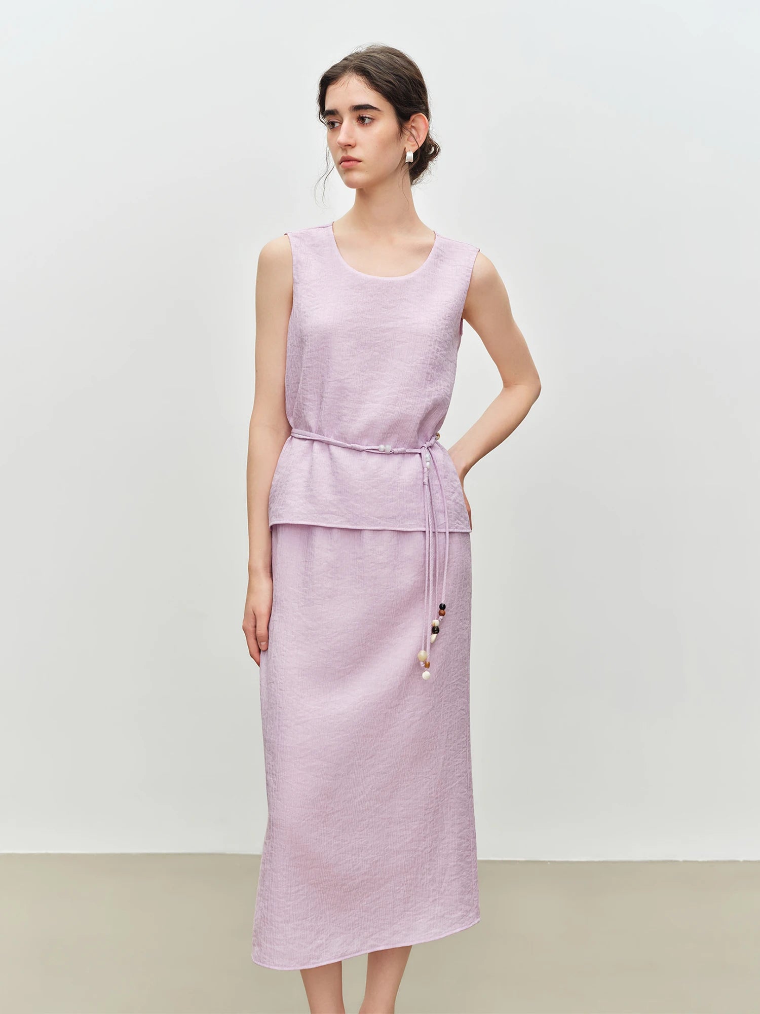 O-Neck Sleeveless Straight Office Two-Piece Set with Sash Detail