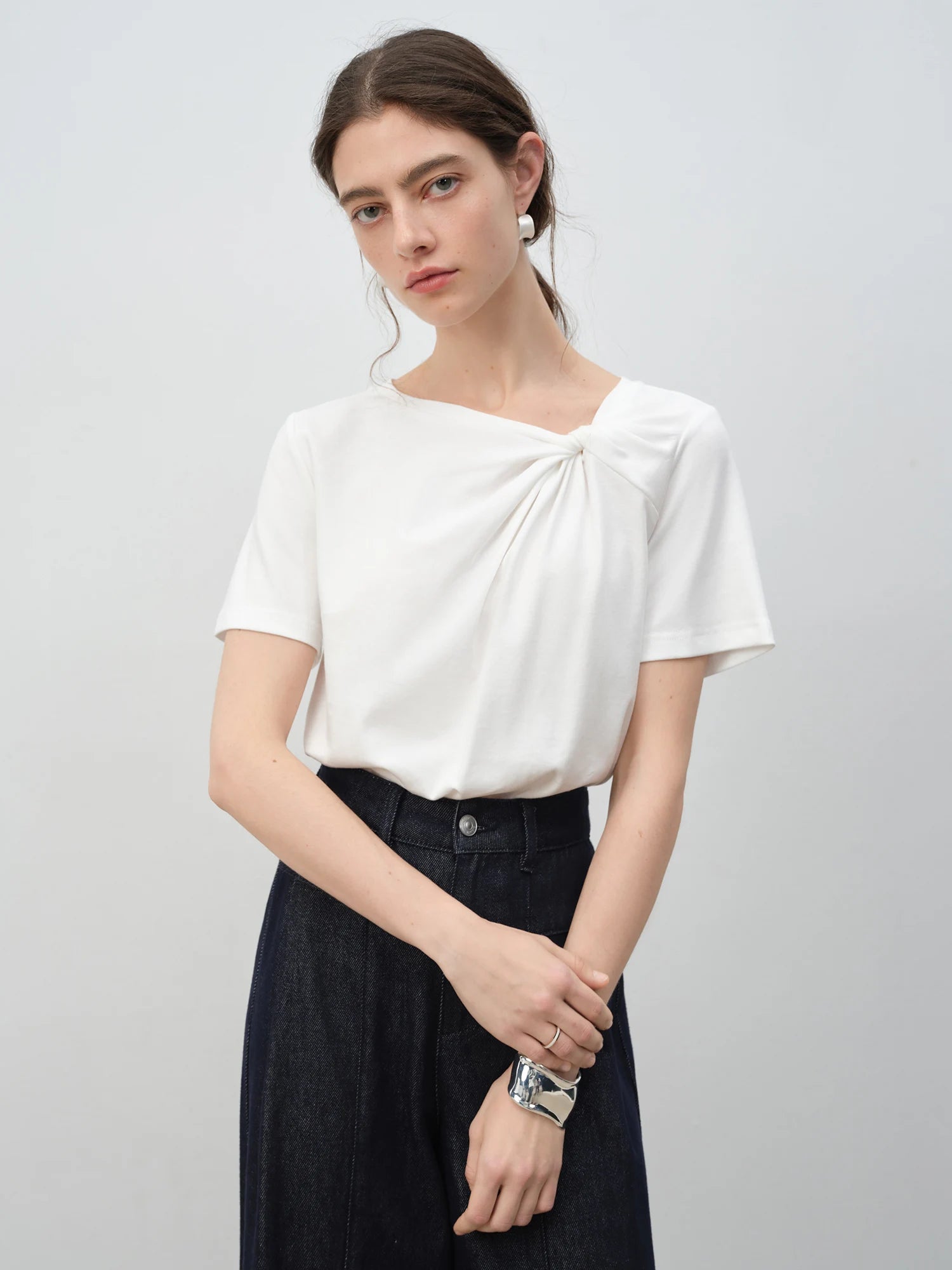 Asymmetric Neck 100% Cotton Casual Summer Tee