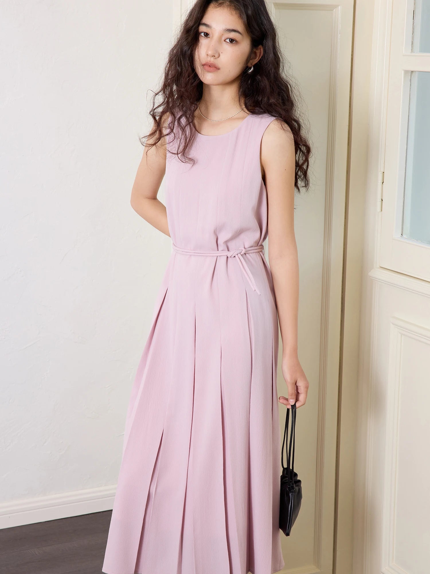 O-Neck Fit and Flare Mid-Calf Office Lady Dress with Sash Detail