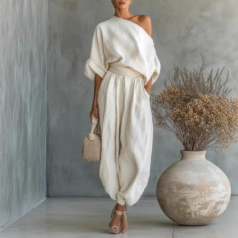 Asymmetrical Skew Collar Pleated Two-Piece Office Set