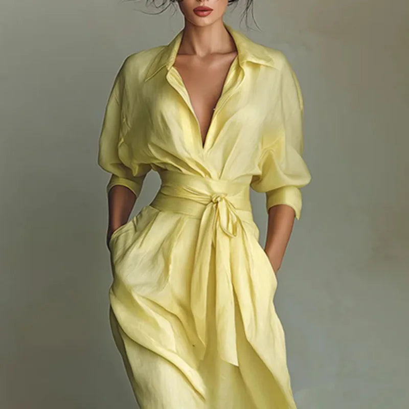 Elegant Turn-Down Collar A-Line Midi Dress