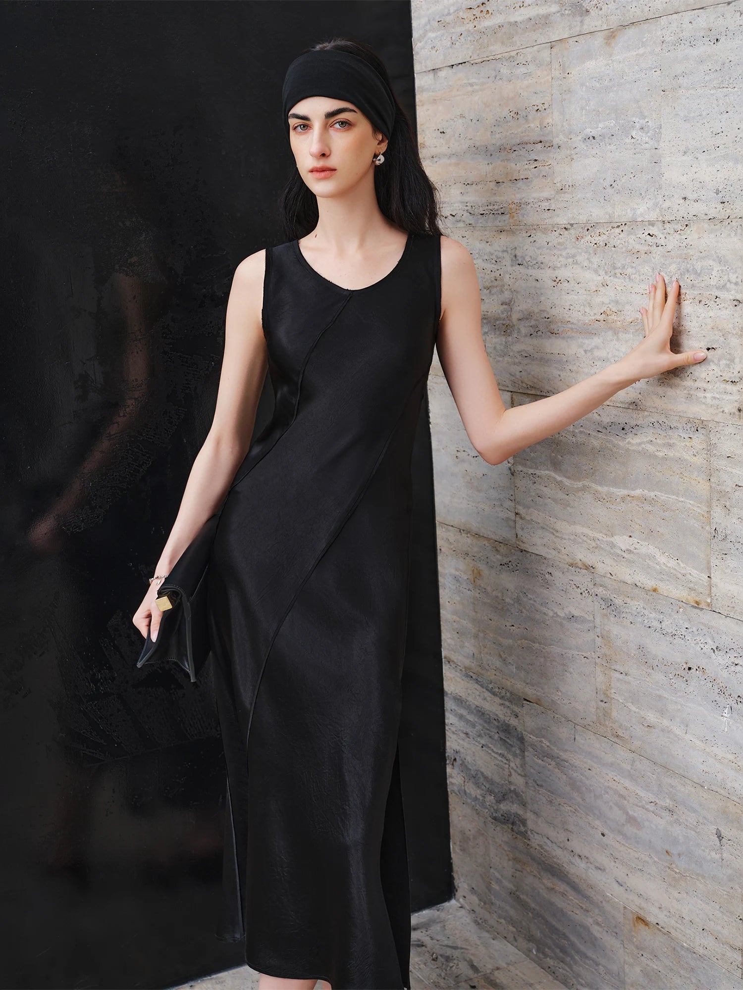Elegant Slim Fit Acetate Midi Dress – Sleek Minimalist Evening Look