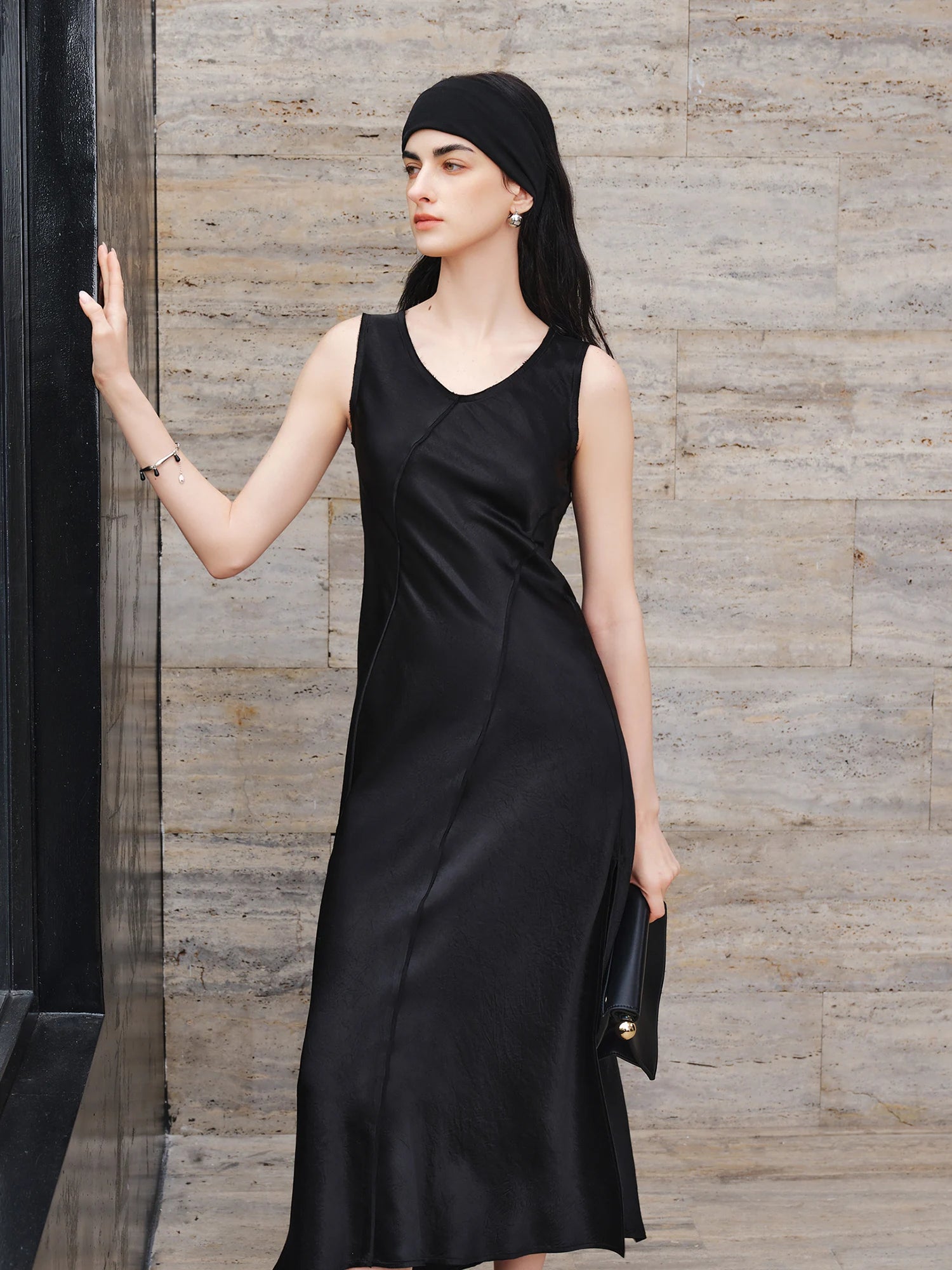 Elegant Slim Fit Acetate Midi Dress – Sleek Minimalist Evening Look