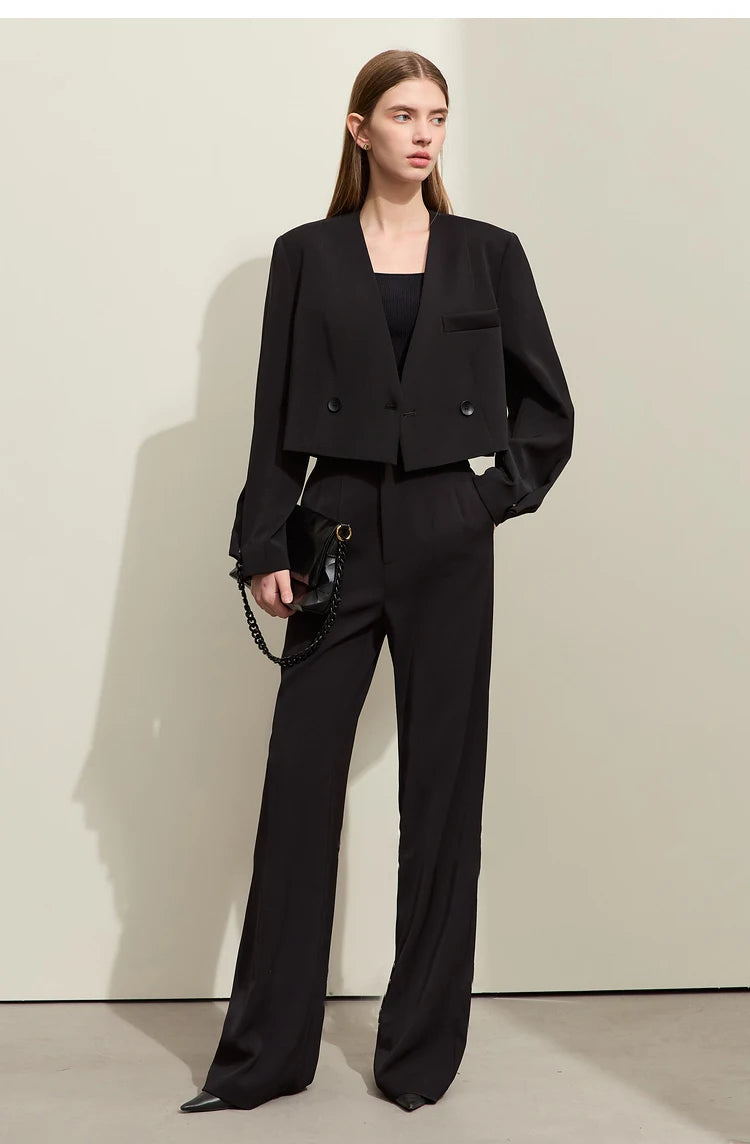 Loose Fit V-Neck Blazer and Wide Leg Pant Set