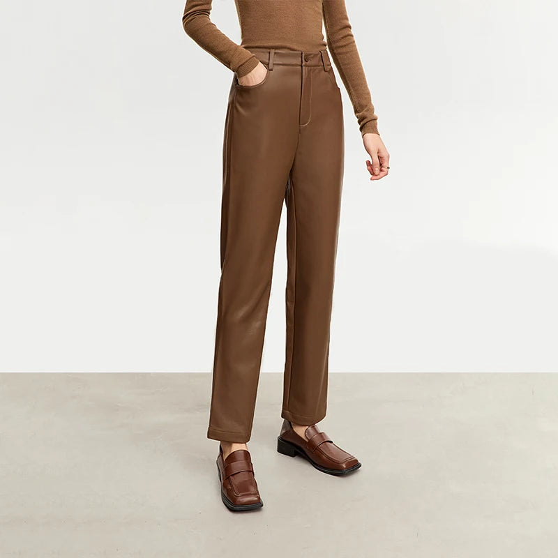 Straight Fit Faux Leather Ankle-Length Pants