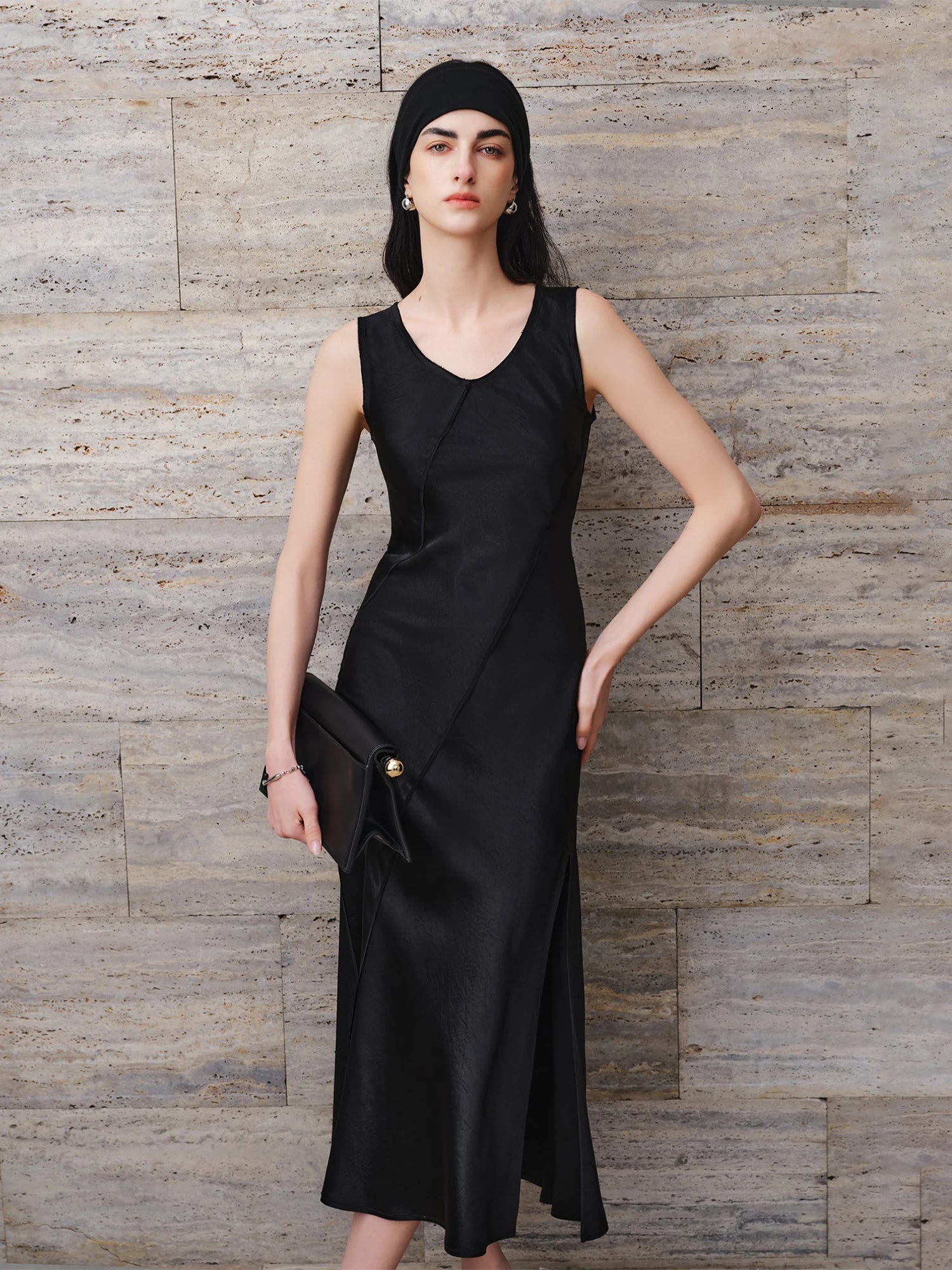 Elegant Slim Fit Acetate Midi Dress – Sleek Minimalist Evening Look
