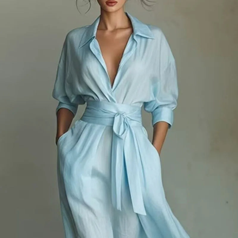 Elegant Turn-Down Collar A-Line Midi Dress
