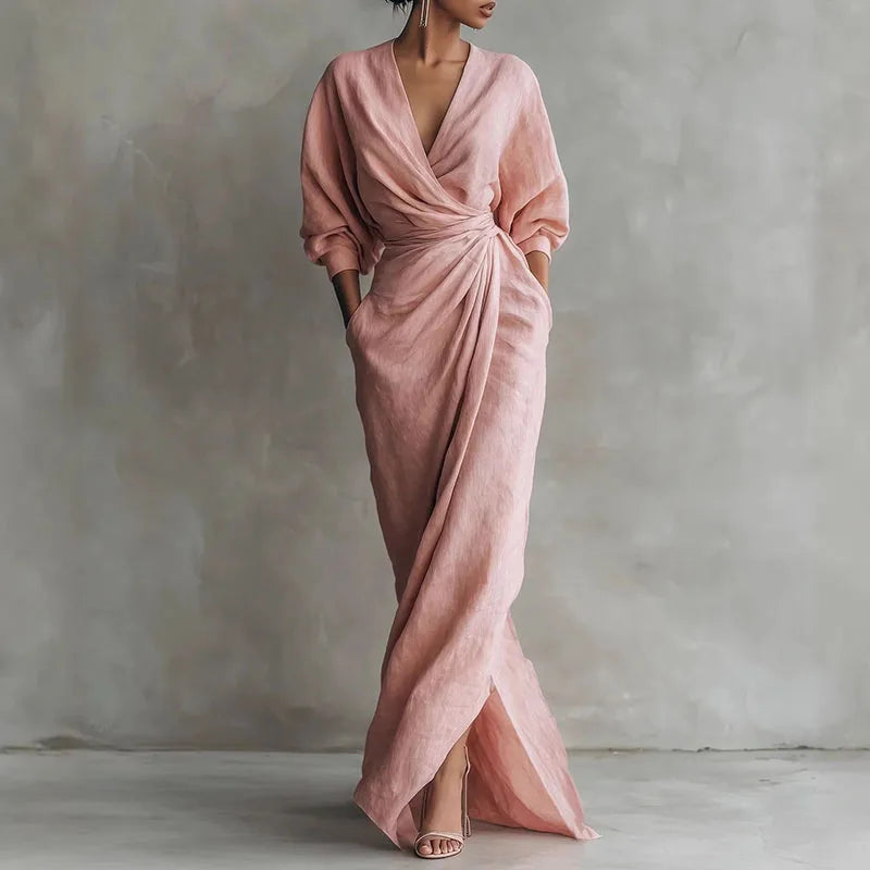Elegant V-Neck Ankle-Length Straight Maxi Dress