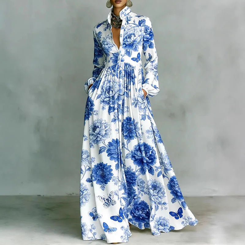 Elegant Printed Ankle-Length A-Line Maxi Dress