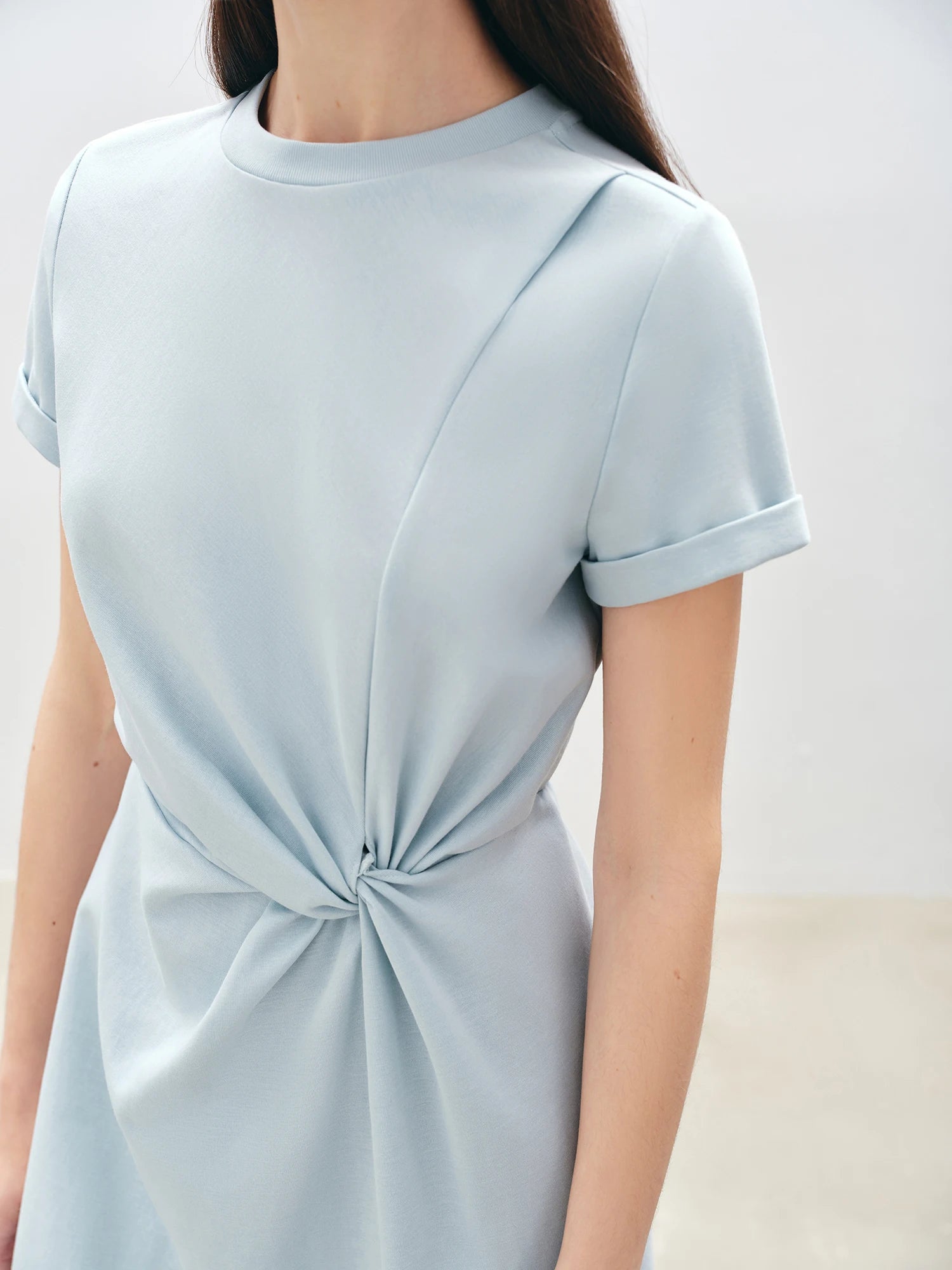 Asymmetric O-Neck Fit and Flare Jersey Mid-Calf Office Dress