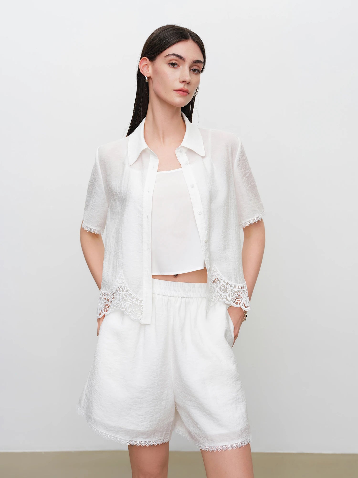 Turn-Down Collar Short Sleeve Shirt & Shorts Office Two-Piece Set