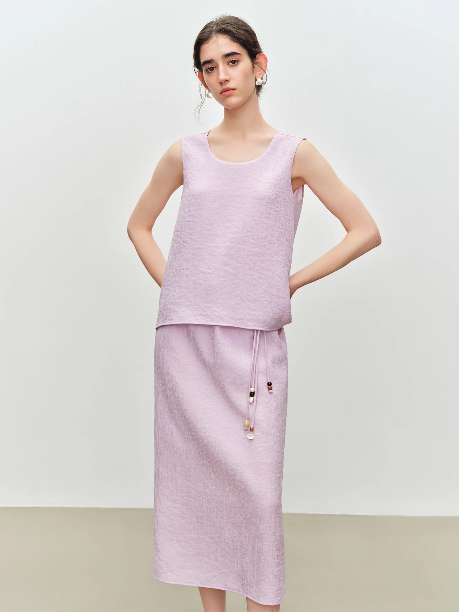 O-Neck Sleeveless Straight Office Two-Piece Set with Sash Detail