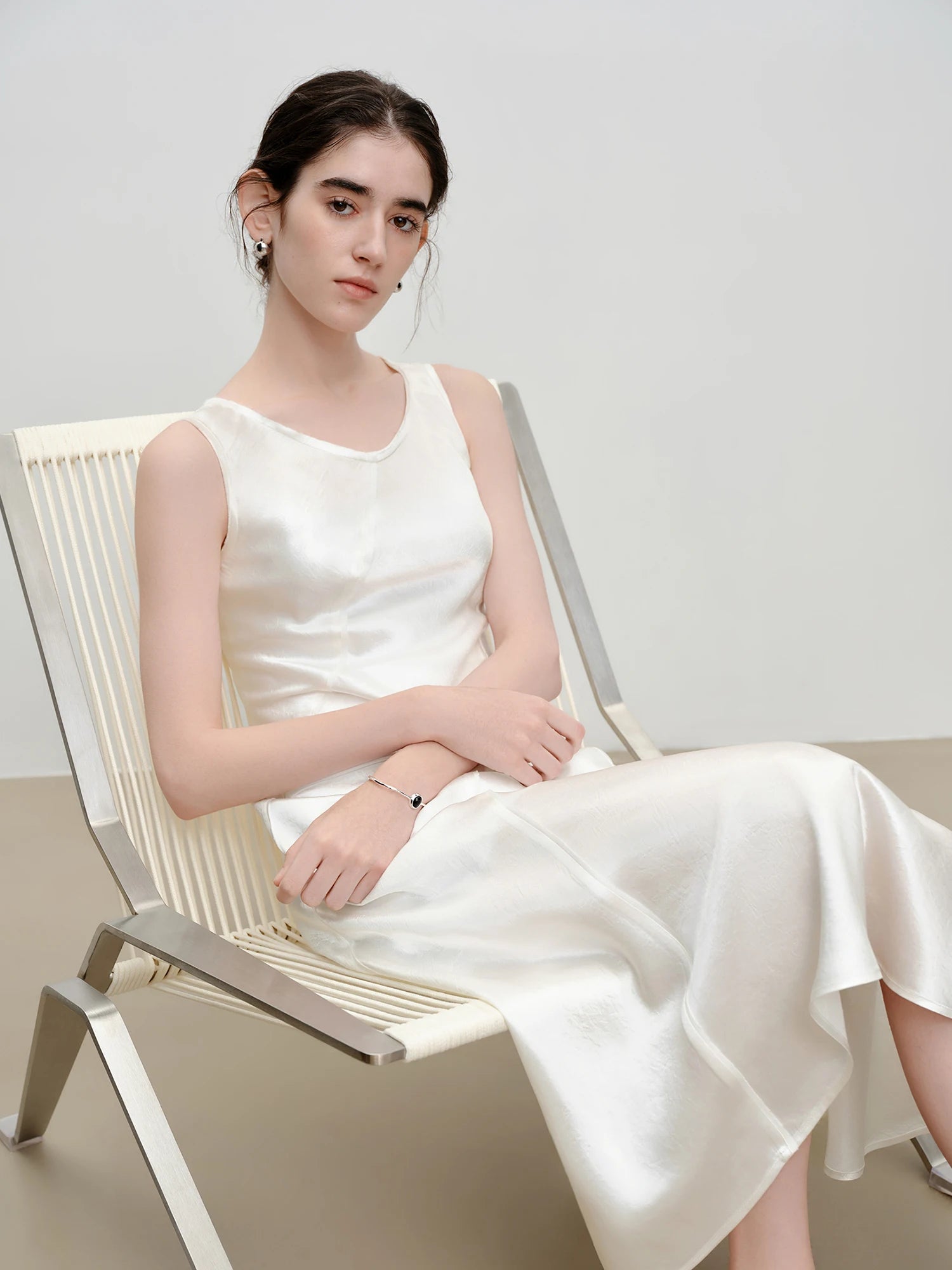 Elegant Slim Fit Acetate Midi Dress – Sleek Minimalist Evening Look