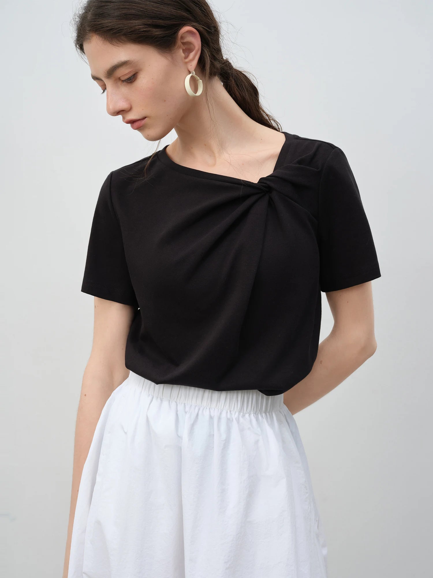 Asymmetric Neck 100% Cotton Casual Summer Tee