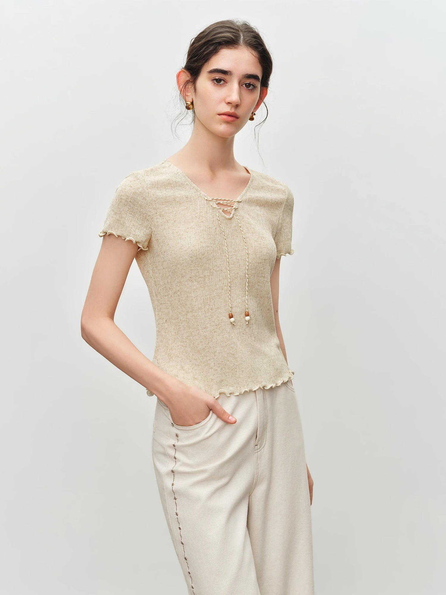 Beaded V-Neck Short Sleeve Casual Top