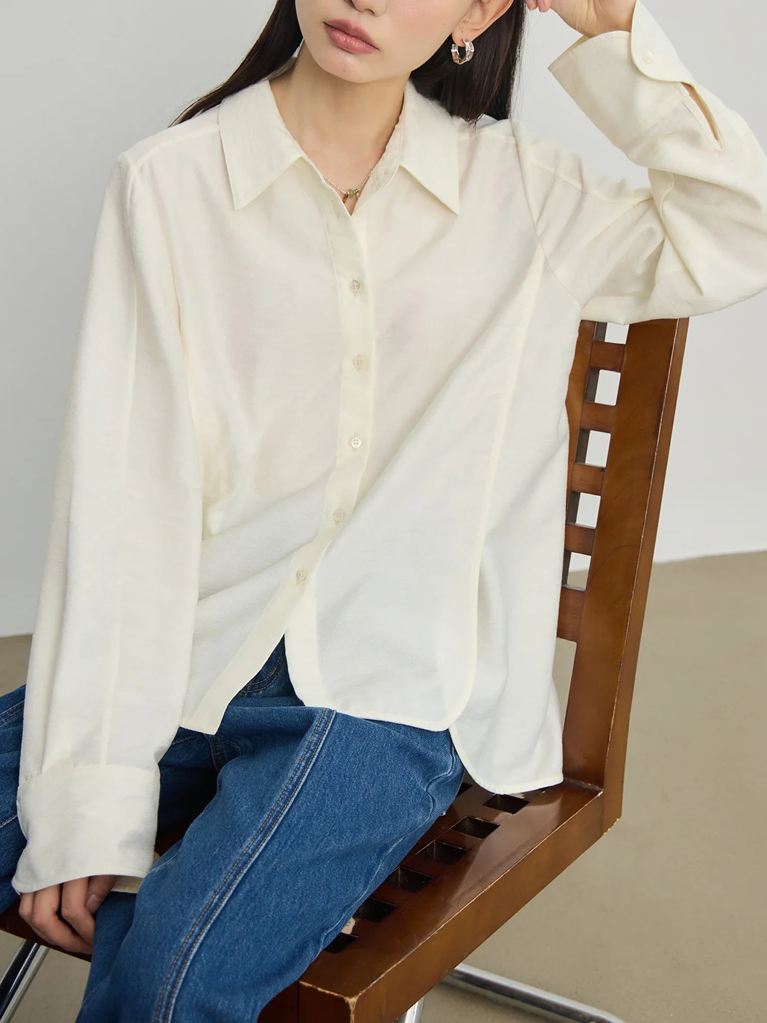 Polo-Neck Single-Breasted Loose Office Blouse