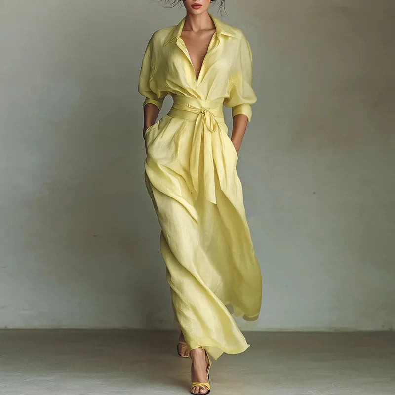 Elegant Turn-Down Collar A-Line Midi Dress