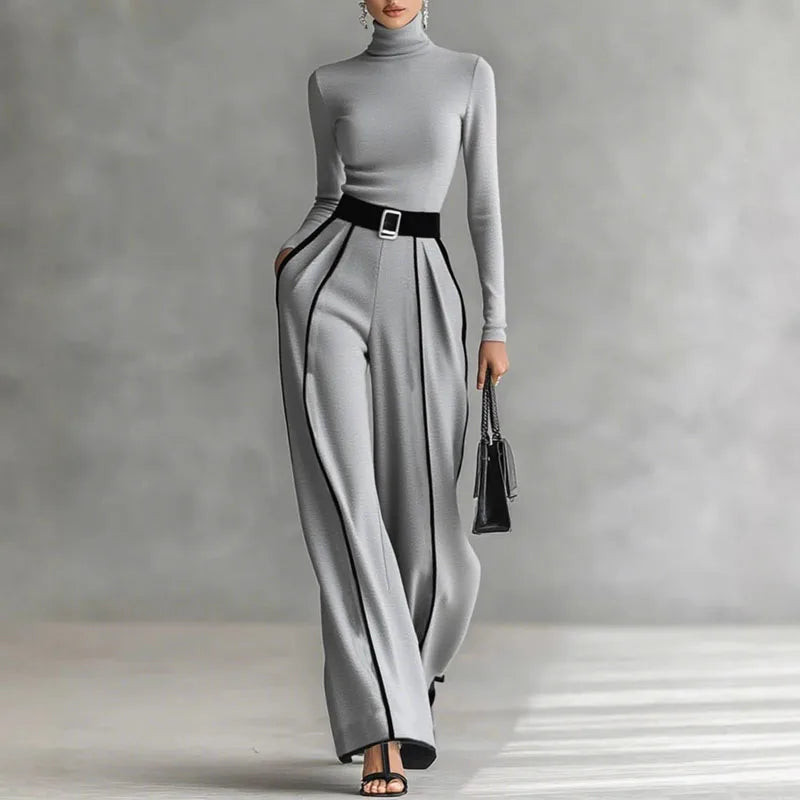 Elegant Turtleneck Two-Piece Set with Wide-Leg Pants