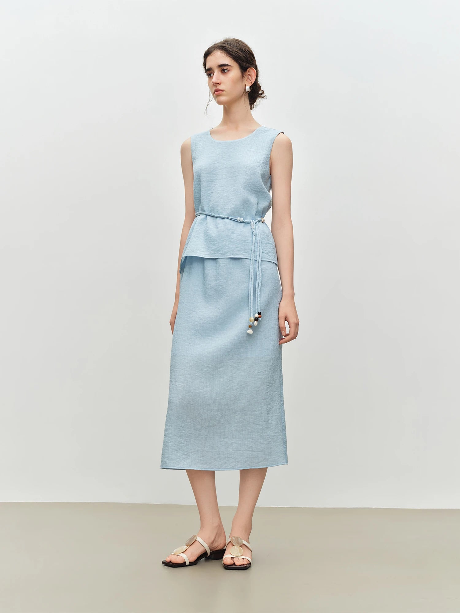 O-Neck Sleeveless Straight Office Two-Piece Set with Sash Detail