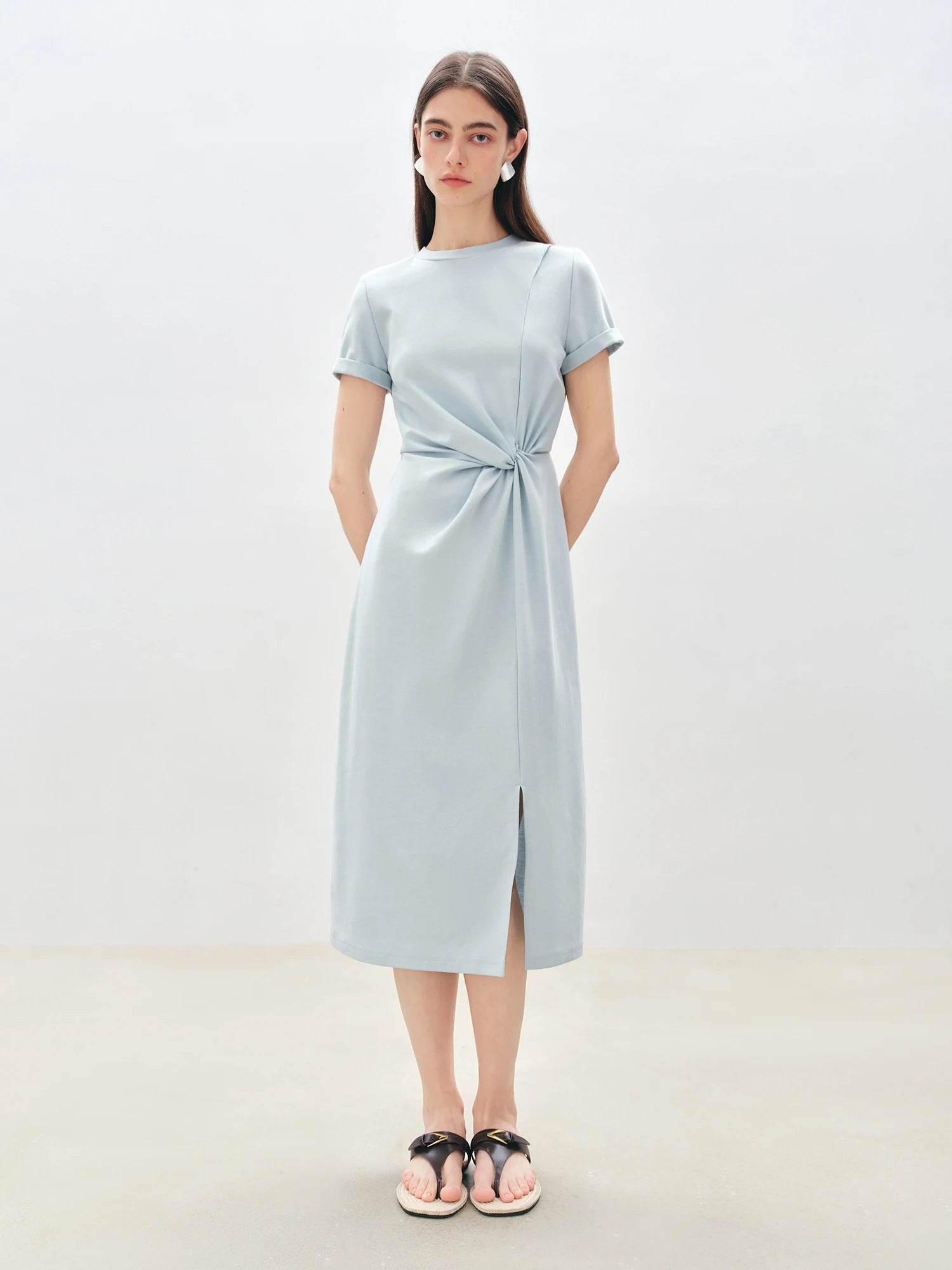 Asymmetric O-Neck Fit and Flare Jersey Mid-Calf Office Dress
