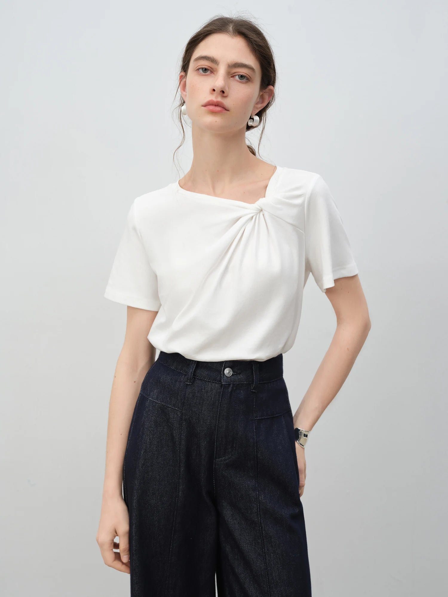 Asymmetric Neck 100% Cotton Casual Summer Tee