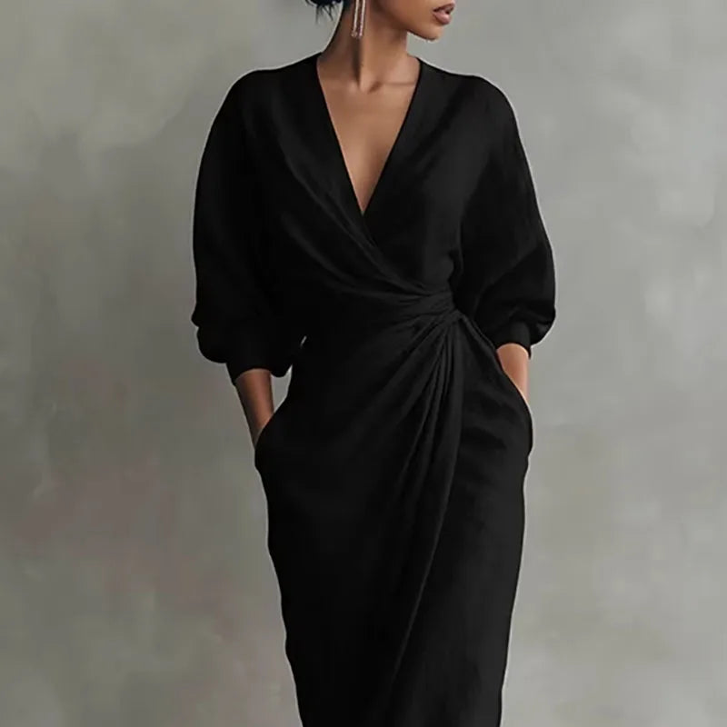 Elegant V-Neck Ankle-Length Straight Maxi Dress