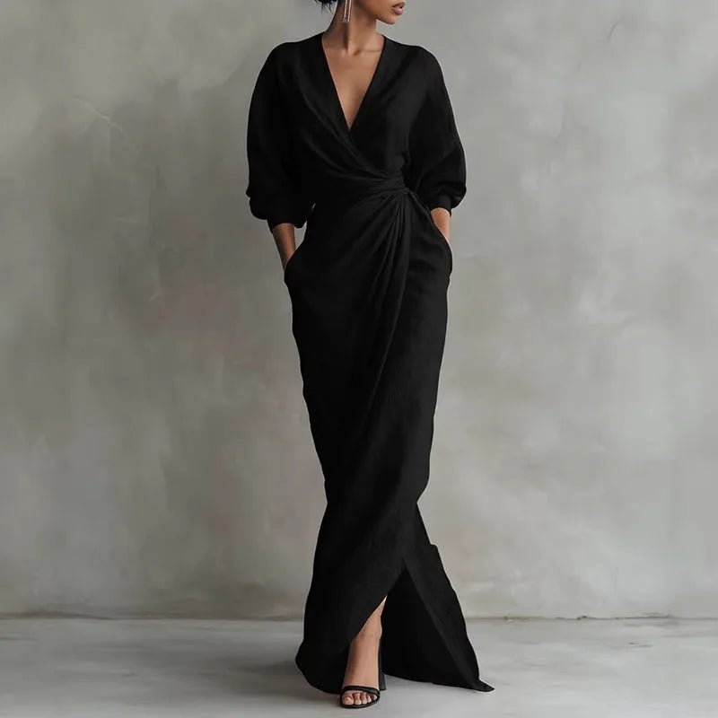 Elegant V-Neck Ankle-Length Straight Maxi Dress