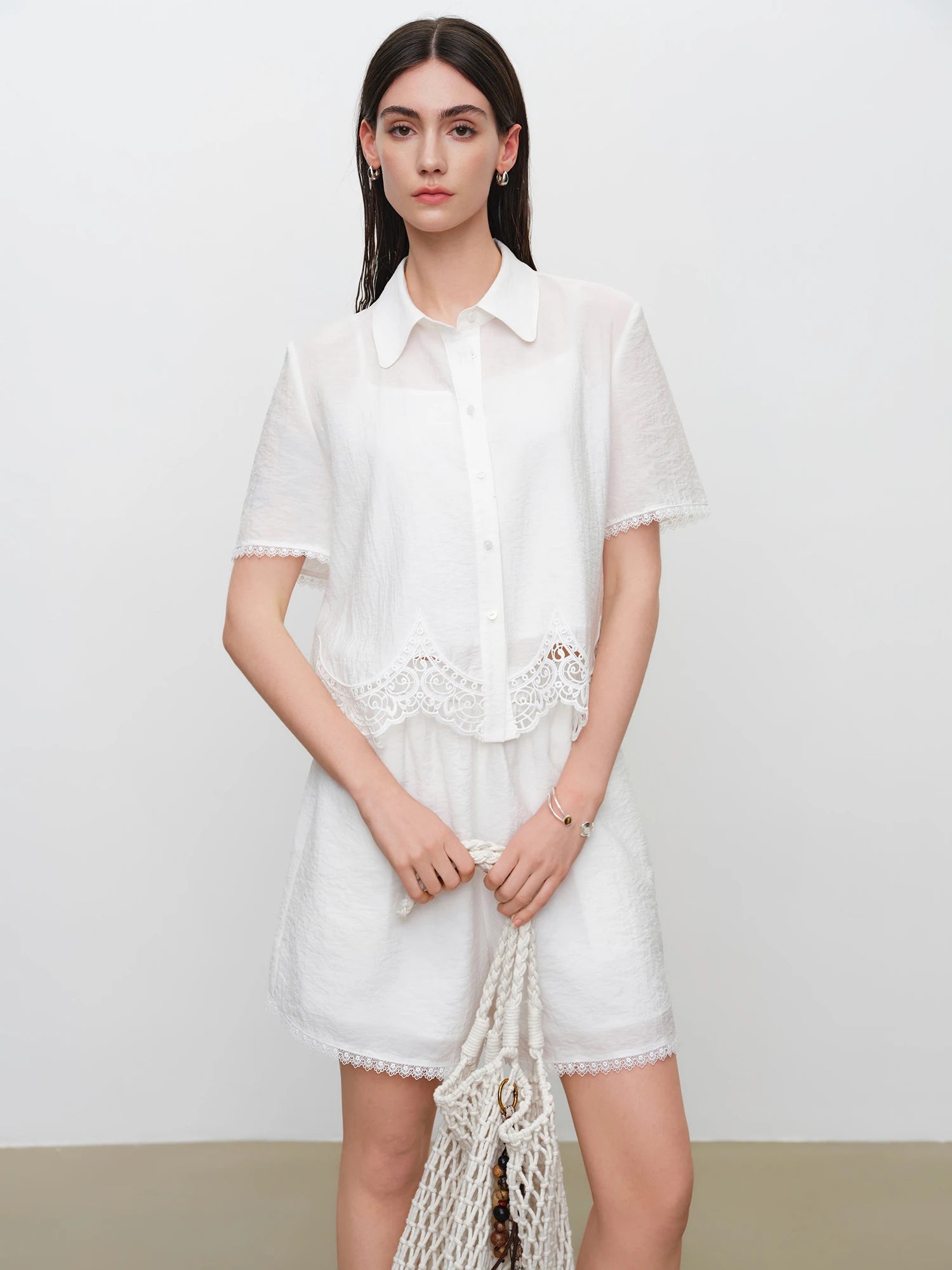 Turn-Down Collar Short Sleeve Shirt & Shorts Office Two-Piece Set
