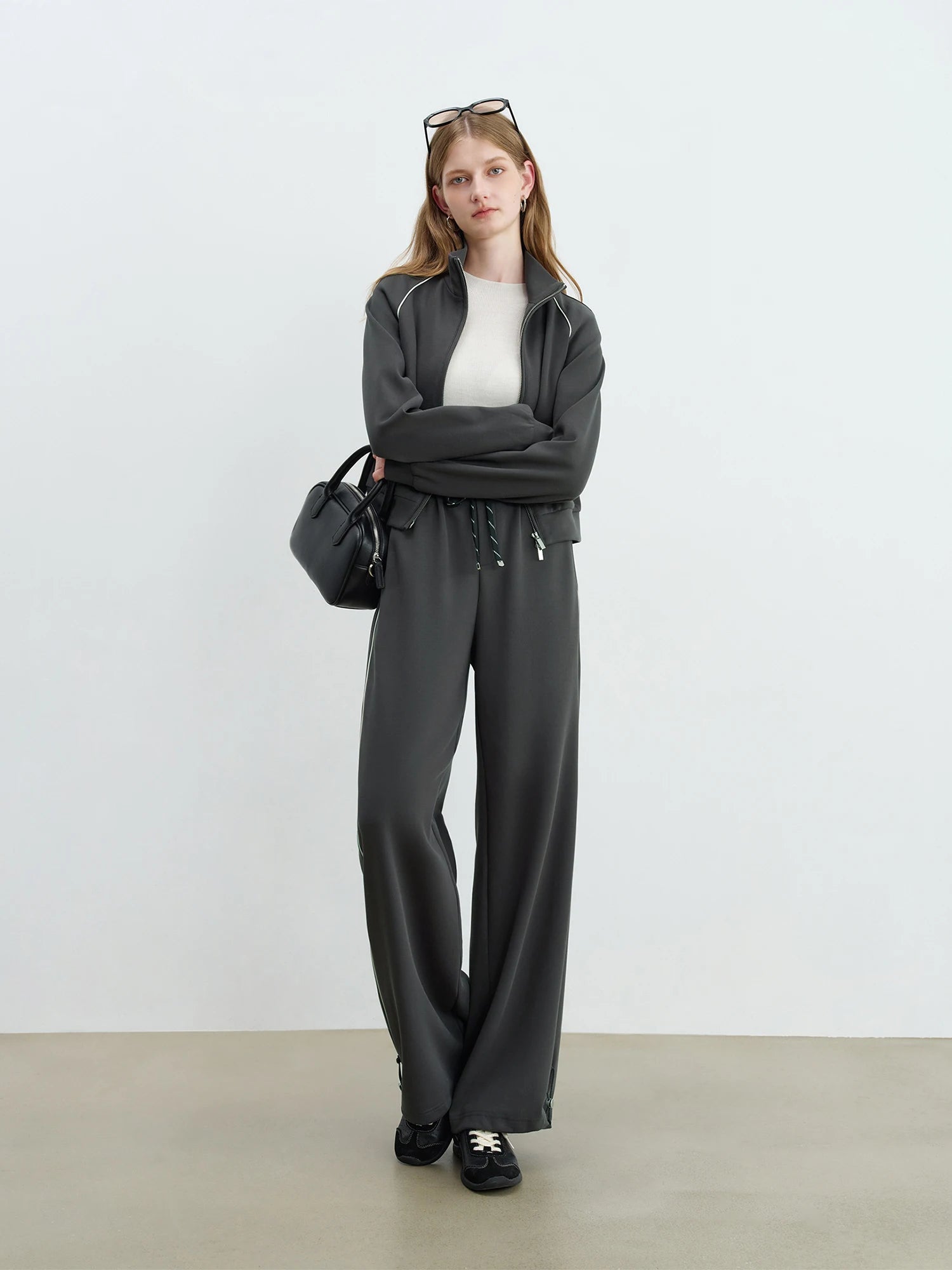 Stand Collar Zip-Up Casual Two-Piece Set with High Waist Pants