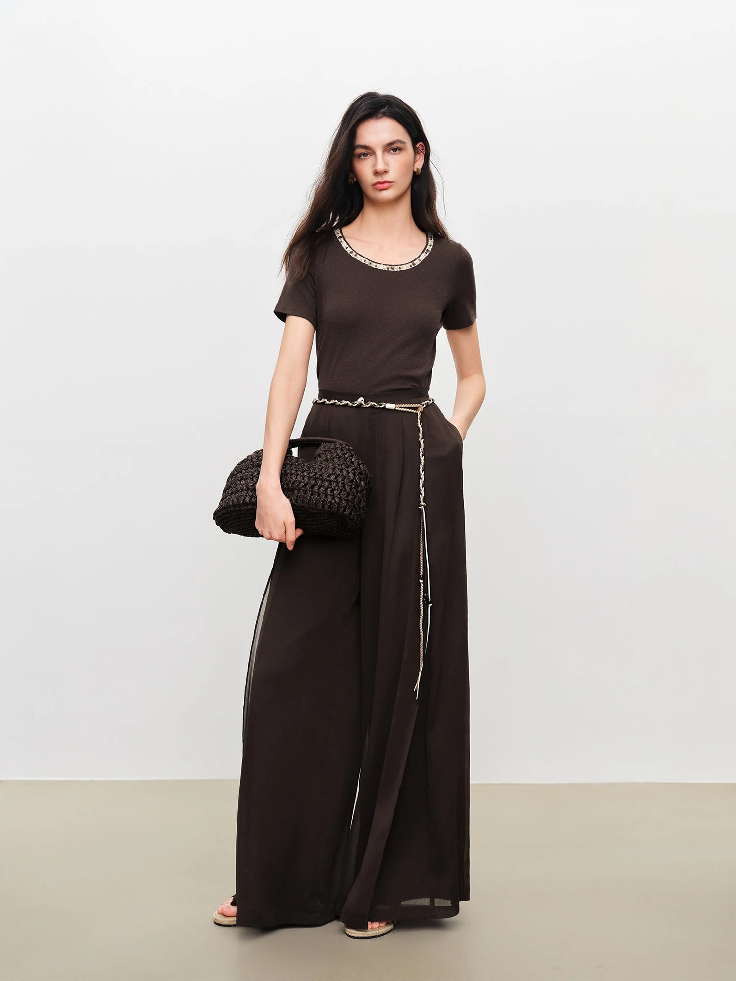 High-Waist Elastic Straight Full-Length Casual Pants Set