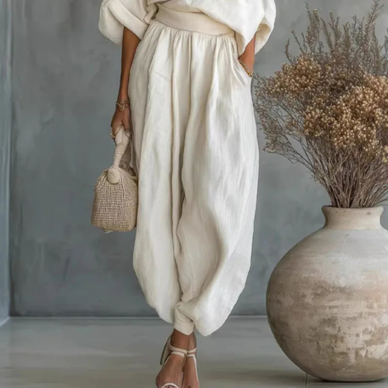Asymmetrical Skew Collar Pleated Two-Piece Office Set